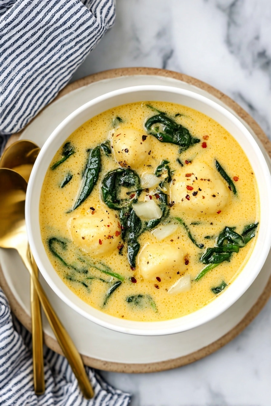 A white bowl is filled with creamy yellow soup, containing three large soft dumplings or gnocchi, scattered green spinach leaves, and small white pieces of onion. The soup has a smooth texture with tiny black specks of pepper on top. The bowl sits on a white marbled plate, with two golden spoons resting beside it. A striped blue and white cloth is placed to the left side of the bowl, all on a white marbled surface. Photo taken with an iphone --ar 2:3 --v 7 - Cheesy Gnocchi Soup, easy cheesy gnocchi soup, cheesy gnocchi recipe, creamy gnocchi soup, comforting soup recipes