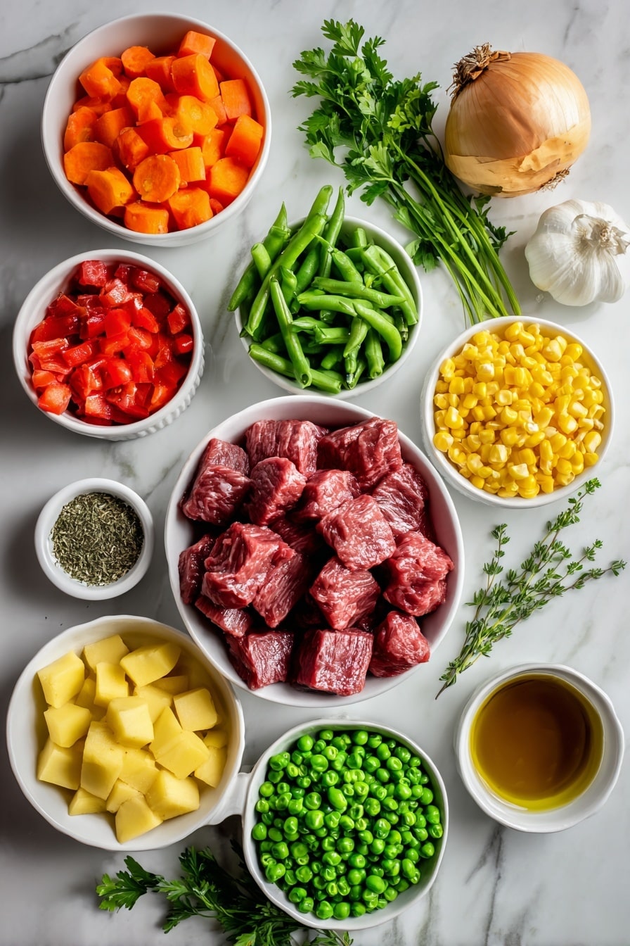Flat lay of fresh chunks of raw beef stew meat, a small white bowl of golden olive oil, a whole large yellow onion peeled and chopped, peeled and chopped orange carrots, chopped pale green celery stalks, minced garlic cloves, a small white bowl filled with rich low-sodium beef broth, peeled and chopped red and yellow potato cubes, bright green chopped green beans, vibrant yellow frozen corn kernels, plump frozen green peas, a small white bowl holding bright red diced tomatoes, a small white bowl with dried basil leaves, a small white bowl with dried oregano, a small white bowl with dried thyme, fresh sprigs of bright green parsley, all arranged symmetrically and balanced on a clean white marble surface, soft natural light, photo taken with an iPhone, professional food photography style, fresh ingredients, white ceramic bowls, no bottles, no duplicates, no utensils, no packaging --ar 2:3 --v 7 --p awthu7i m7354615311229779997 - Vegetable Beef Soup, hearty vegetable beef soup, homemade beef soup, nutritious vegetable beef stew, easy vegetable beef soup recipe