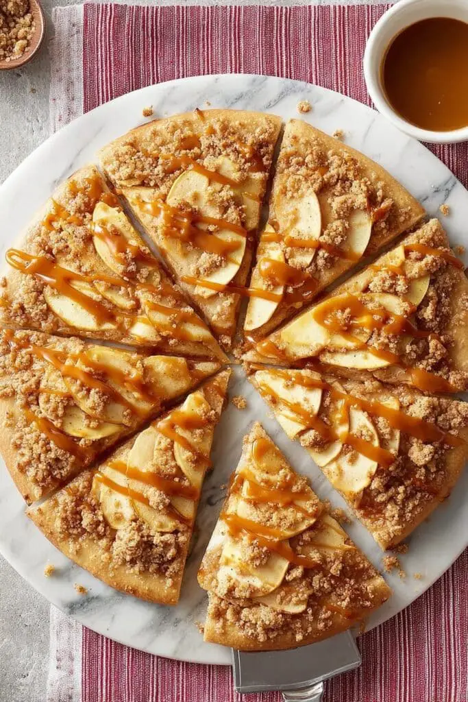 Apple Pizza with Cinnamon Apples, Cream Cheese Topping, and Streusel Recipe