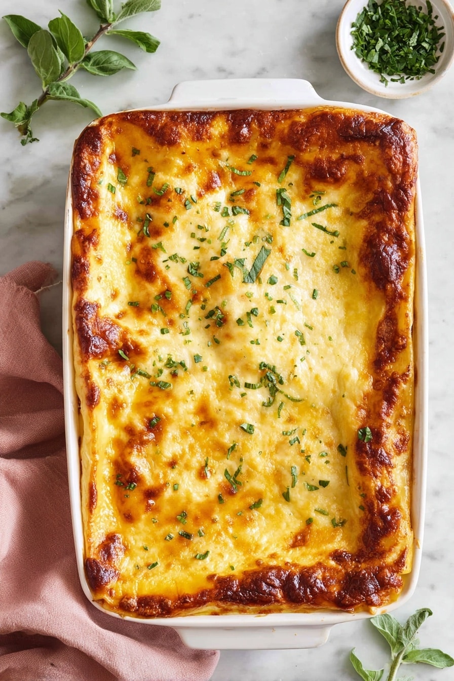 A white rectangular baking dish filled with a golden brown baked lasagna, showing a top layer of melted cheese that is slightly browned and bubbly around the edges, sprinkled with fresh green chopped herbs evenly over the cheese. The lasagna has clear layers of creamy cheese and pasta beneath the top baked cheese layer. The dish is set on a white marbled surface with green leafy herbs on the side and a pinkish cloth partially visible underneath. photo taken with an iphone --ar 2:3 --v 7 - Butternut Squash Lasagna, butternut squash lasagna recipe, fall vegetarian lasagna, creamy healthy lasagna, cozy seasonal lasagna