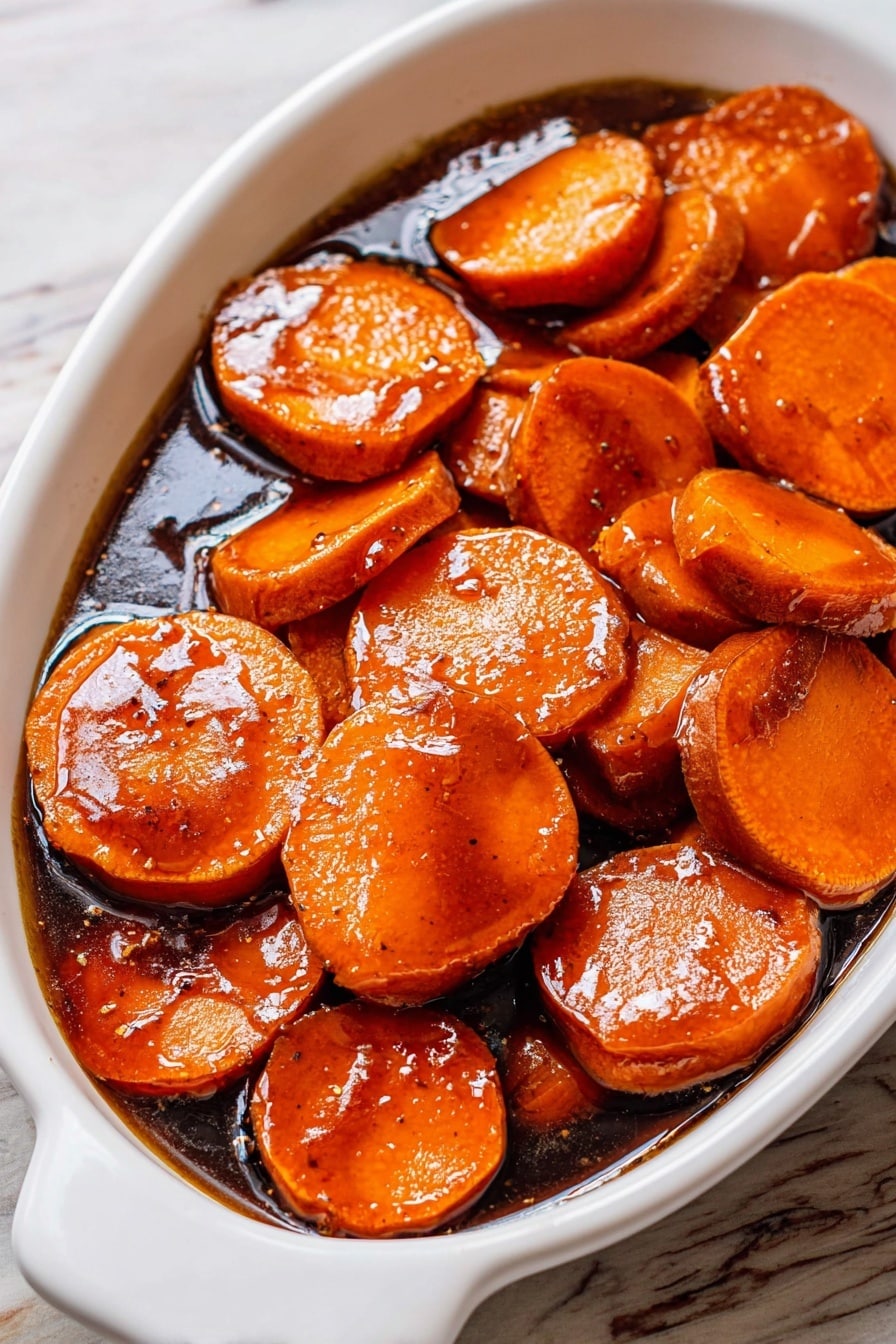 The image shows a close-up of a frying pan with twelve round, thick slices of sweet potato cooking in hot oil. Each slice has a shiny, smooth surface covered with tiny bubbles, giving a glossy and slightly wet look. The slices are arranged closely together, filling the pan, and their color is a rich, deep orange with darker edges where they meet the pan. The pan has a slightly worn metallic texture with some oil splatters around the sweet potatoes. The background is a white marbled texture. photo taken with an iphone --ar 2:3 --v 7 - Candied Sweet Potatoes with Bourbon Glaze, sweet potato side dish, bourbon glazed sweet potatoes, caramelized sweet potato recipe, festive holiday sweet potatoes