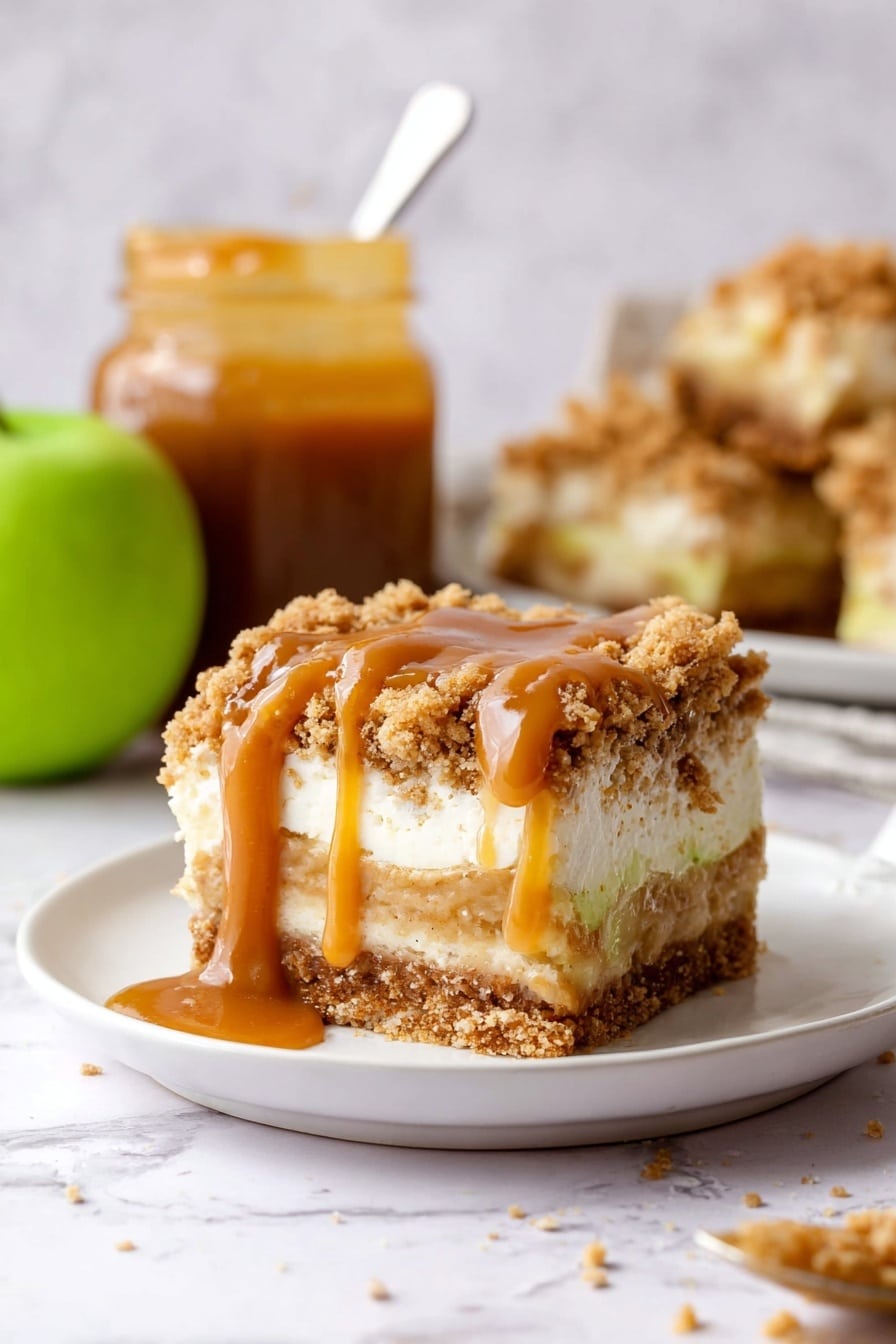 A square piece of layered dessert sits on a white plate, showing four visible layers: at the bottom is a golden brown crumbly crust, above it a thick white creamy layer, followed by a lighter brown layer with a textured look, and topped with a golden crumbly streusel layer. The top is drizzled with smooth caramel sauce that drips slightly on the plate. In the background, a jar filled with caramel and a spoon inside is visible, along with more pieces of the same dessert. A green apple sits to the left, all placed on a white marbled surface. Photo taken with an iphone --ar 2:3 --v 7 - Caramel Apple Cheesecake Bars, fall dessert recipes, apple cheesecake bars, caramel apple dessert, easy autumn treats