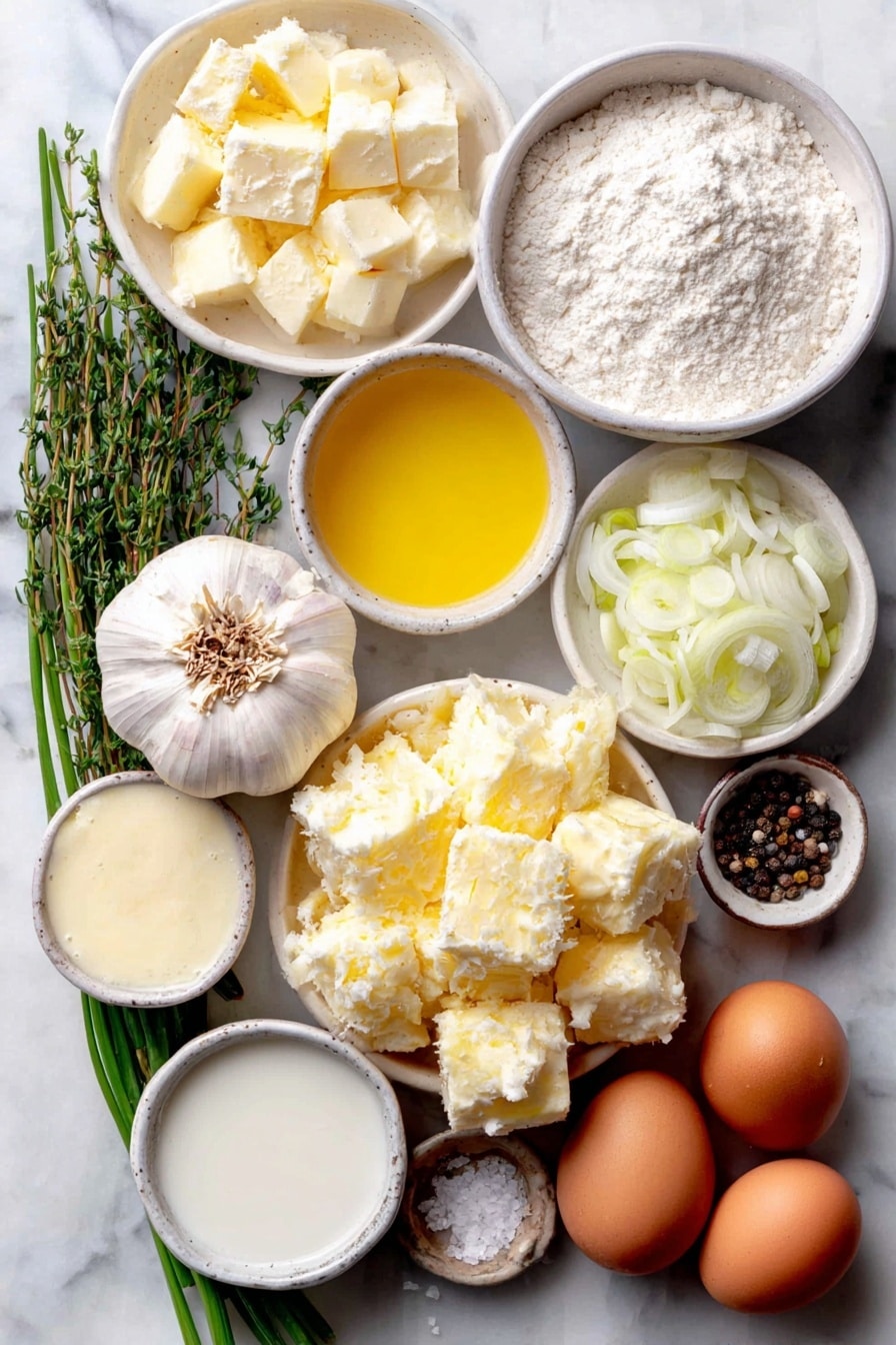 Flat lay of a whole head of garlic with the top sliced to expose cloves, a small white bowl of golden olive oil, peeled and cubed russet potatoes, several tablespoons of salted butter, a small pile of chopped white onions, thinly sliced whites and light greens of a leek, a small white bowl of flour, a white ceramic bowl filled with low sodium chicken broth, a small white bowl of whole milk, a small white bowl of heavy cream, a few fresh thyme sprigs, a small pile of freshly grated parmesan cheese, two whole uncracked brown eggs, fresh black peppercorns and coarse salt crystals scattered delicately, and a small bunch of bright green chopped chives, all arranged symmetrically on a clean white marble surface, soft natural light, photo taken with an iPhone, professional food photography style, fresh ingredients, white ceramic bowls, no bottles, no duplicates, no utensils, no packaging --ar 2:3 --v 7 --p awthu7i m7354615311229779997 - Creamy Roasted Garlic Potato Soup, roasted garlic potato soup, easy comfort soup, creamy potato soup recipe, hearty garlic potato soup