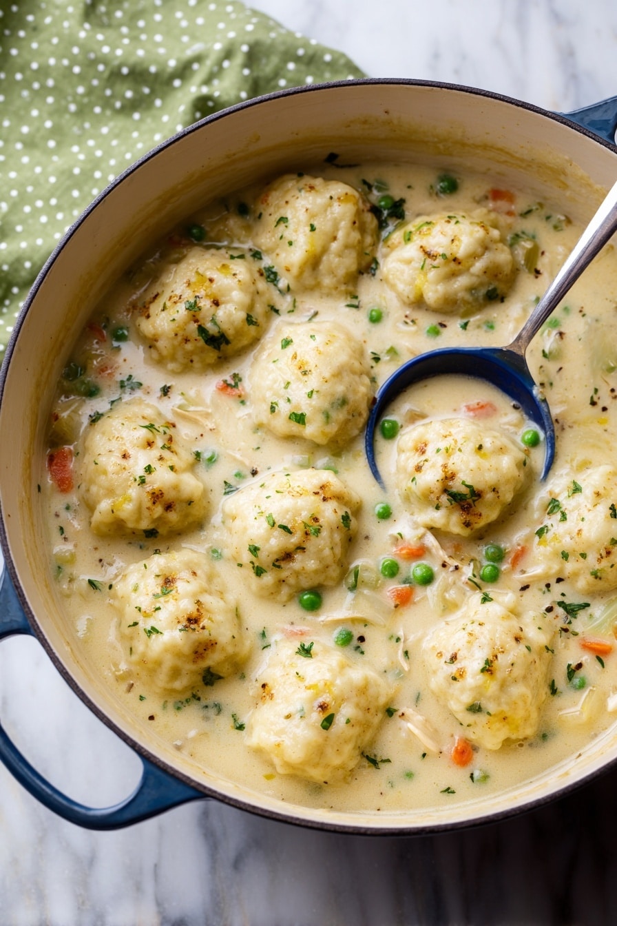A white bowl filled with thick chicken and dumpling soup, showing chunks of light beige chicken, soft dumplings with a pale dough color, and bright orange carrot slices in a creamy broth speckled with green herbs and black pepper. The bowl sits on a white marbled surface next to a wooden spoon on the right and a green cloth with white dashed lines on the left. In the background, there are clear salt and pepper shakers with silver caps. Photo taken with an iphone --ar 2:3 --v 7 - Homestyle Chicken and Dumplings, comfort food recipes, easy chicken and dumplings, homemade chicken and dumplings, classic chicken and dumplings