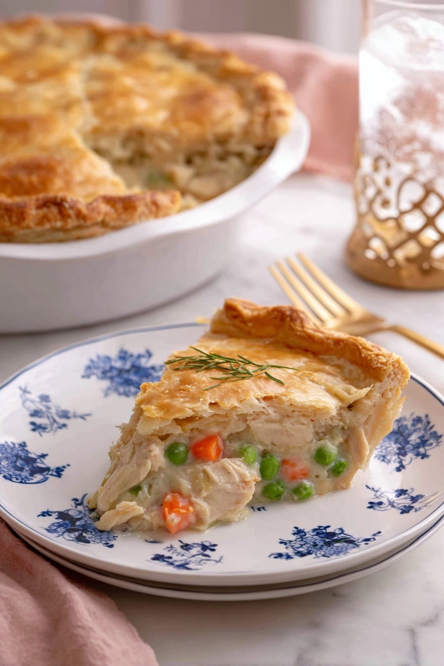 A slice of golden brown pie with a flaky, crisp crust sits on a white plate decorated with colorful butterflies and a gold rim, showing a creamy filling with visible green peas and orange carrot pieces inside. Behind the slice, the full pie in a white dish displays a thick, textured crust with a piece taken out, exposing the same vegetable and creamy filling. The scene includes a gold fork resting on a soft pink cloth and a clear glass of water on a white marbled surface. photo taken with an iphone --ar 2:3 --v 7 - Creamy Chicken Pot Pie, easy chicken pot pie, comforting chicken pie, homemade chicken pot pie, flaky crust chicken pie