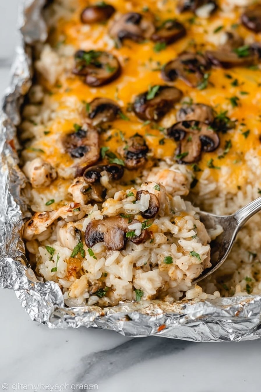 The image shows a close-up view of a baked casserole dish lined with foil, filled with a creamy rice mixture. The dish has three main layers: the bottom layer is soft, white rice mixed with small pieces of cooked chicken; the middle layer is a mix of melted yellow cheese and creamy sauce, creating a smooth texture; and the top layer is scattered with sautéed brown mushroom slices and small bits of green herbs. A spoon is partially scooping out a portion from the right side, revealing the mixed layers, and the casserole sits on a white marbled surface. photo taken with an iphone --ar 2:3 --v 7 - Creamy Chicken Wild Rice Casserole, hearty chicken rice casserole, easy wild rice casserole, comforting chicken and rice bake, creamy chicken and mushroom casserole