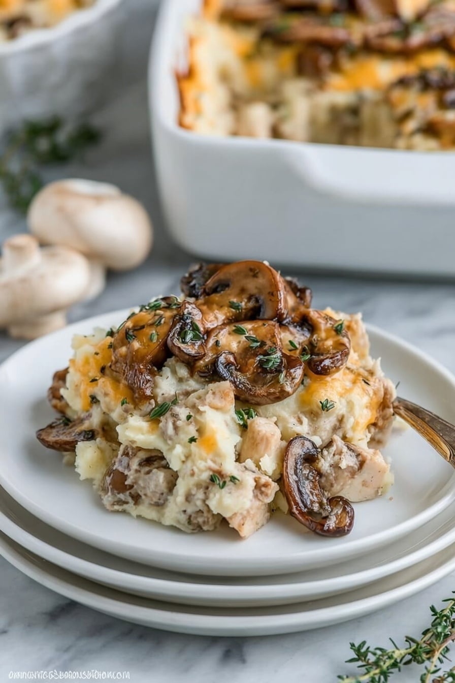 The dish is a creamy mushroom casserole served in a small white bowl placed on top of a white plate with another white plate underneath. The casserole has layers of soft beige mashed potatoes mixed with browned mushroom slices, light brown cooked chicken chunks, and melted pale yellow cheese. The top layer is garnished with sautéed, slightly crispy brown mushrooms and green herbs. The background is a white marbled surface with a whole small white mushroom and thyme sprigs to the left. In the background, a white baking dish filled with more casserole is partially visible. Photo taken with an iphone --ar 2:3 --v 7 - Creamy Chicken Wild Rice Casserole, hearty chicken rice casserole, easy wild rice casserole, comforting chicken and rice bake, creamy chicken and mushroom casserole