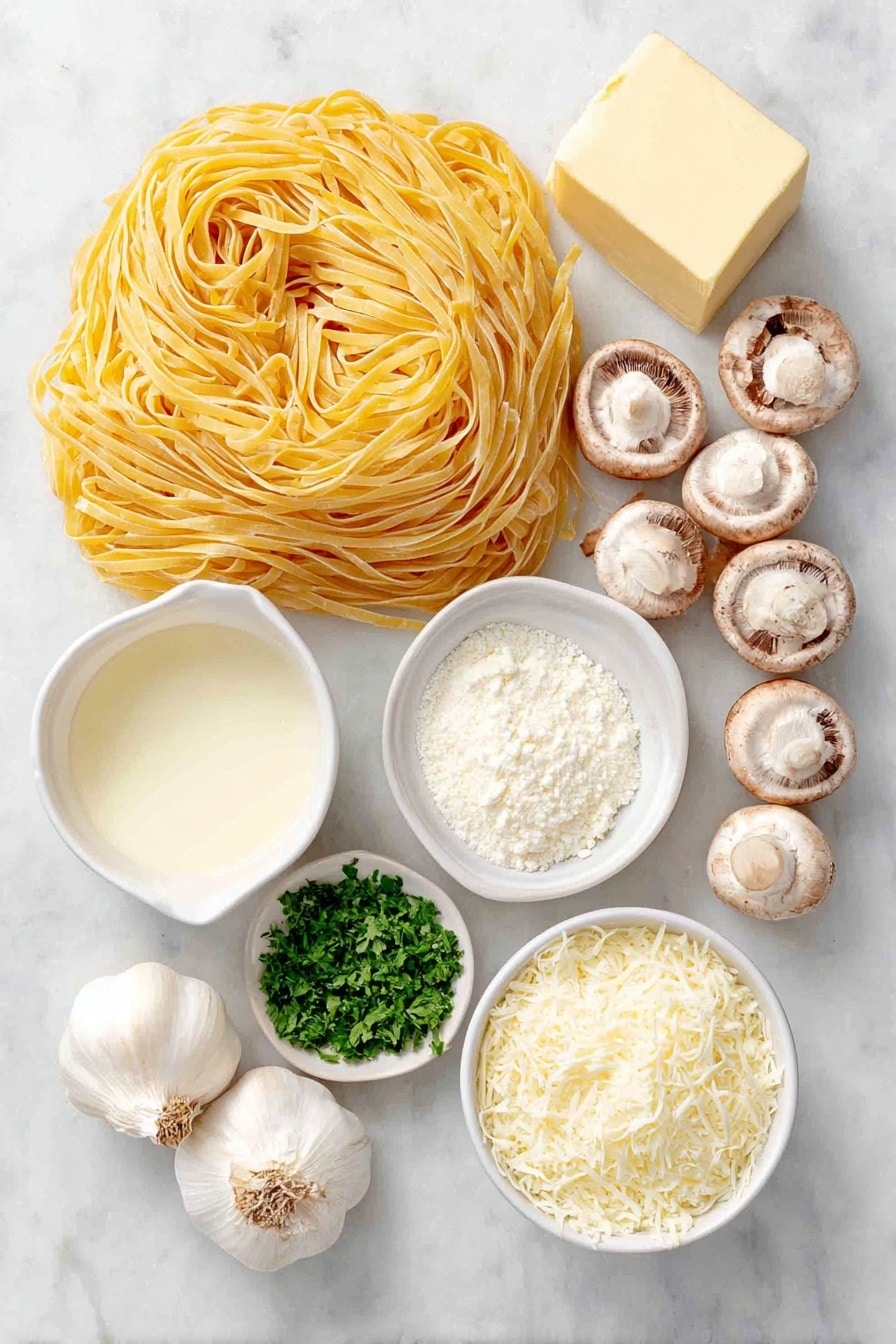 Flat lay of fresh linguine pasta nest, a small pat of unsalted butter, a few sliced white and cremini mushrooms arranged naturally, two whole uncracked garlic cloves, a small white ceramic bowl of dry white wine, a small white ceramic bowl of chicken broth, a small white ceramic bowl of heavy cream, a small white ceramic bowl of finely grated parmesan cheese, a few sprigs of roughly chopped fresh parsley, a small white ceramic bowl with mixed salt and pepper, placed on a clean white marble surface, soft natural light, photo taken with an iPhone, professional food photography style, fresh ingredients, white ceramic bowls, no bottles, no duplicates, no utensils, no packaging --ar 2:3 --v 7 --p awthu7i m7354615311229779997 - Creamy Mushroom Pasta, mushroom pasta recipe, creamy mushroom pasta dinner, easy mushroom pasta, vegetarian creamy pasta