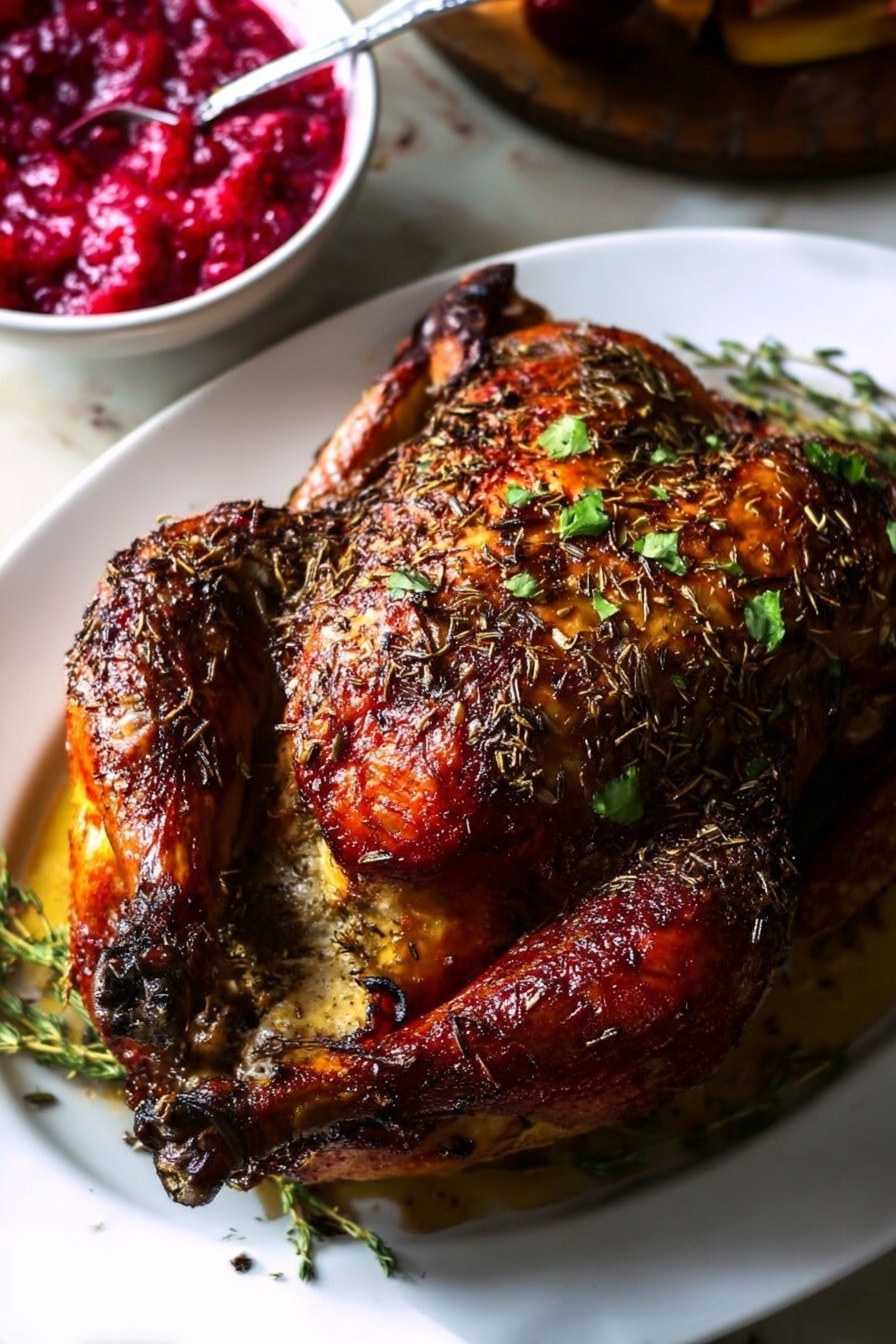 A whole roasted chicken sits on a large white oval plate on a white marbled surface. The chicken has a dark golden-brown skin, covered with herbs and spices that add texture and color, with some green parsley leaves sprinkled on top. The drumsticks and wings are visible and slightly charred at the edges. In the background, there is a white bowl filled with bright red cranberry sauce that has a chunky texture and a spoon resting inside. The overall scene is warm and rich in colors, highlighting the contrast between the dark brown chicken and the red cranberry sauce photo taken with an iphone --ar 2:3 --v 7 - Perfect Roast Turkey, crispy roast turkey, juicy turkey recipe, holiday turkey, succulent roast turkey