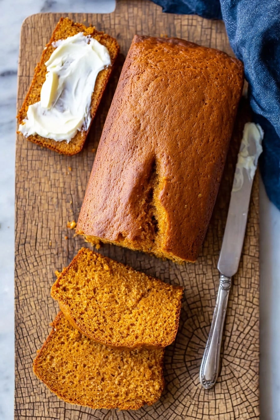 A loaf of orange-brown bread with a smooth top and cracks runs down the center, placed on a wooden cutting board with a cracked pattern. One slice is separated from the loaf and spread unevenly with white creamy butter on the upper left side, showing the moist and crumbly texture of the bread inside. Two more slices are stacked at the bottom right of the board. A silver butter knife with some white cream on the blade rests next to the loaf on the right side, and a corner of a blue cloth is visible on the left. The scene is set on a white marbled surface. Photo taken with an iphone --ar 2:3 --v 7 - Easy Pumpkin Bread, pumpkin bread recipe, fall baking ideas, moist pumpkin bread, cozy pumpkin bread