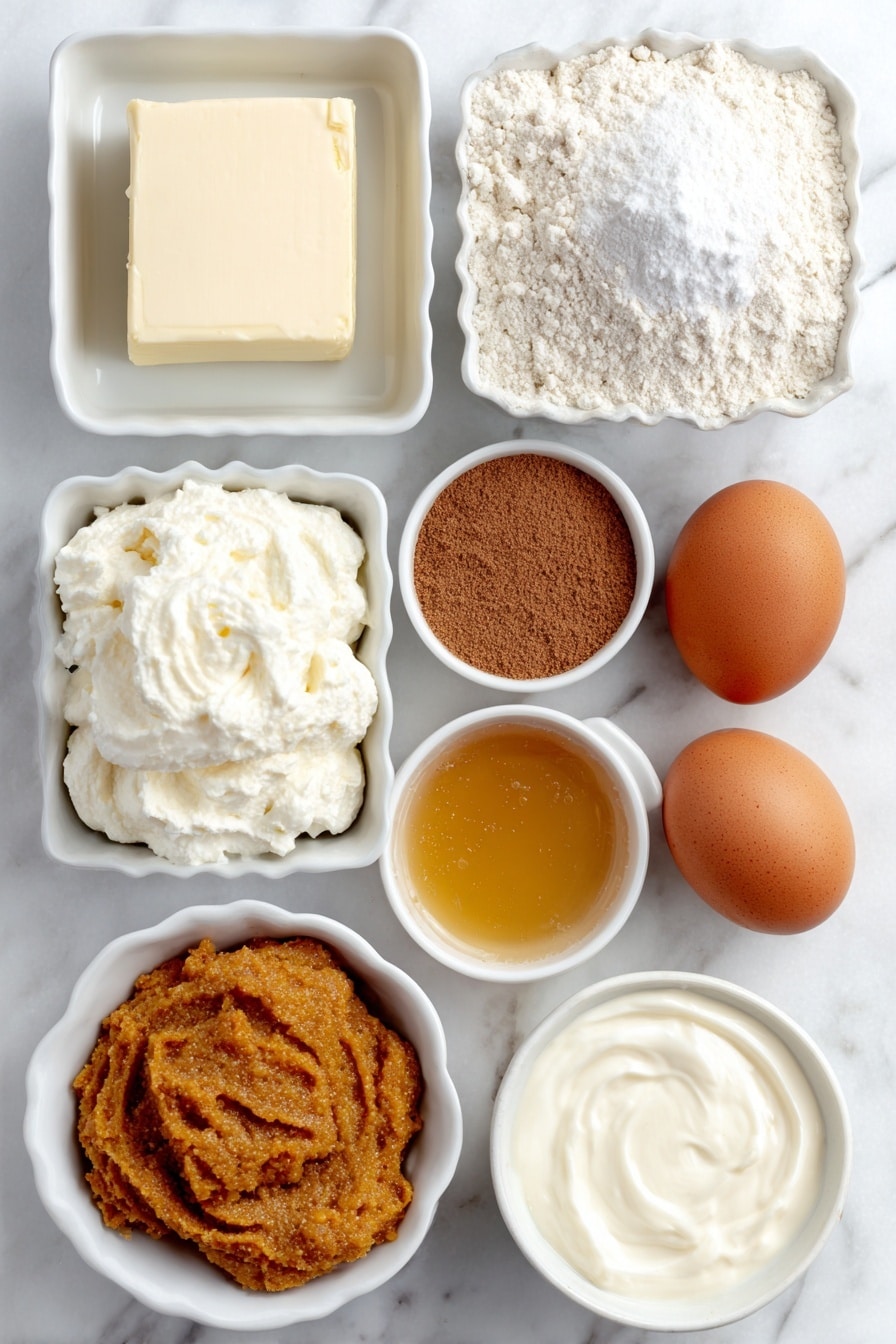 Flat lay of a small mound of all purpose flour, a small pile of baking powder, a tiny pinch of kosher salt, a square of softened unsalted butter, a small heap of brown sugar, a dollop of vibrant orange pumpkin puree, a generous scoop of whipped cream cheese, a small white bowl of golden honey, a small white bowl with ground cinnamon powder, a small white bowl filled with powdered sugar, a small white bowl containing creamy milk, and two whole uncracked brown eggs, all arranged symmetrically on a simple white ceramic surface, placed on a clean white marble surface, soft natural light, photo taken with an iPhone, professional food photography style, fresh ingredients, white ceramic bowls, no bottles, no duplicates, no utensils, no packaging --ar 2:3 --v 7 --p awthu7i m7354615311229779997 - Quick Pumpkin Cinnamon Rolls, easy pumpkin cinnamon rolls, cozy fall cinnamon roll recipe, quick autumn breakfast, pumpkin spice rolls