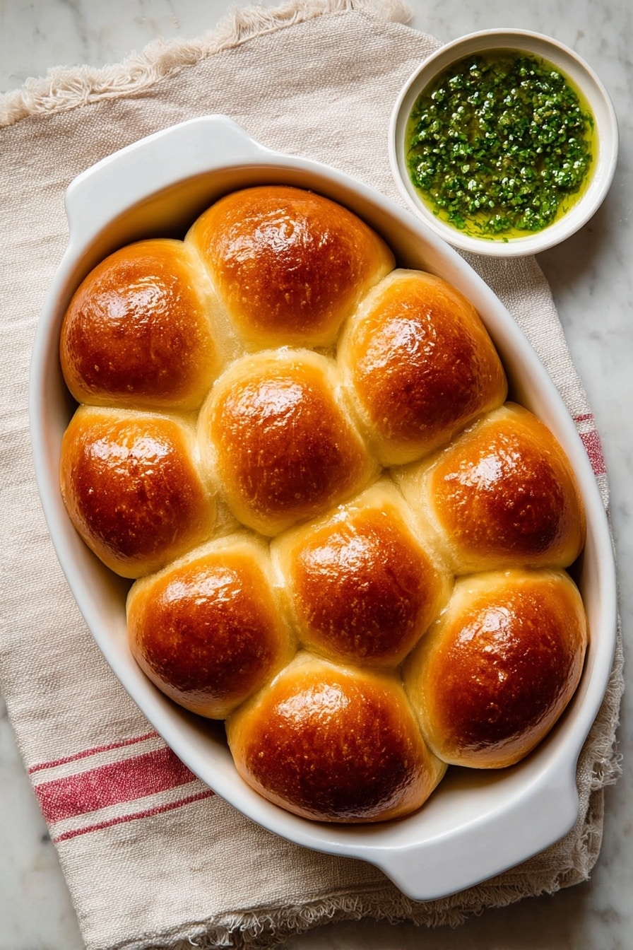 A white oval dish holds fifteen golden brown bread rolls arranged tightly in three layers: the bottom layer covered by the two upper layers, the middle layer with five rolls, and the top layer with five rolls, all with shiny, smooth, and slightly cracked tops showing a soft texture. To the top right of the dish, there is a small white bowl with a green herb sauce that looks fresh and slightly chunky. The dish rests on a light beige cloth with red stripes on a white marbled surface. Photo taken with an iphone --ar 2:3 --v 7 - Garlic Butter Dinner Rolls, soft fluffy dinner rolls, garlic bread dinner rolls, easy homemade dinner rolls, buttery garlic dinner rolls