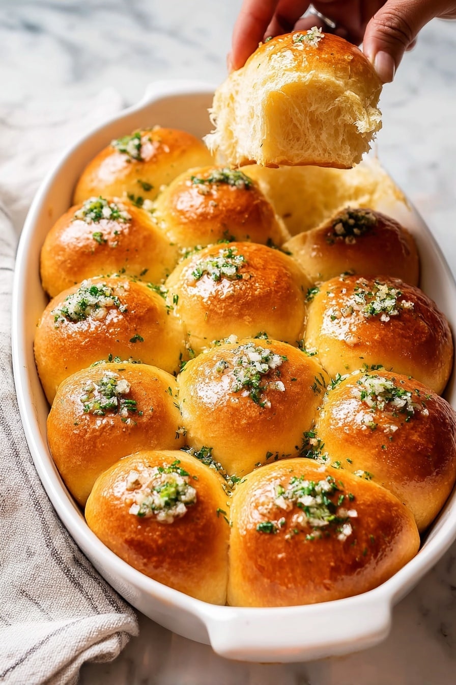 The image shows a white oval dish filled with 15 soft, golden-brown dinner rolls, arranged in three rows with five rolls each. The rolls have a shiny, slightly glossy surface, topped with small bits of chopped green herbs and tiny white salt crystals. A woman's hand is pulling apart one roll from the top right corner, revealing its fluffy, light interior. The dish is set on a white marbled surface with a folded cloth napkin beneath it on the left side. photo taken with an iphone --ar 2:3 --v 7 - Garlic Butter Dinner Rolls, soft fluffy dinner rolls, garlic bread dinner rolls, easy homemade dinner rolls, buttery garlic dinner rolls