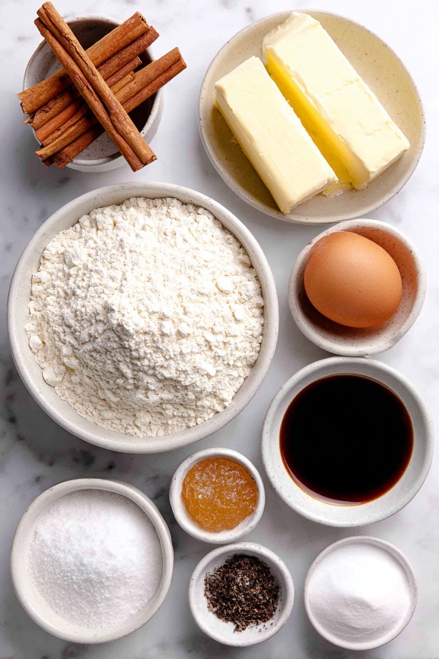 Flat lay of a small mound of unbleached all-purpose flour in a simple white ceramic bowl, a few rustic sticks of cinnamon arranged beside a small white bowl filled with golden molasses, a small white bowl of light brown sugar with a soft, fluffy texture, a smooth slab of unsalted butter at room temperature, a single large whole egg with a clean shell, a small white bowl containing fine ground ginger powder, a tiny white bowl of ground cloves, a small white bowl with fine sea salt, and a small white bowl holding baking soda, all ingredients fresh and natural, perfectly balanced and symmetrically arranged in a professional flat lay style, placed on a clean white marble surface, soft natural light, photo taken with an iPhone, professional food photography style, fresh ingredients, white ceramic bowls, no bottles, no duplicates, no utensils, no packaging --ar 2:3 --v 7 --p awthu7i m7354615311229779997 - Gingerbread Cookies, Easy Homemade Gingerbread Cookies, Holiday Cookie Recipe, Chewy Ginger Cookies, Spiced Gingerbread Treats