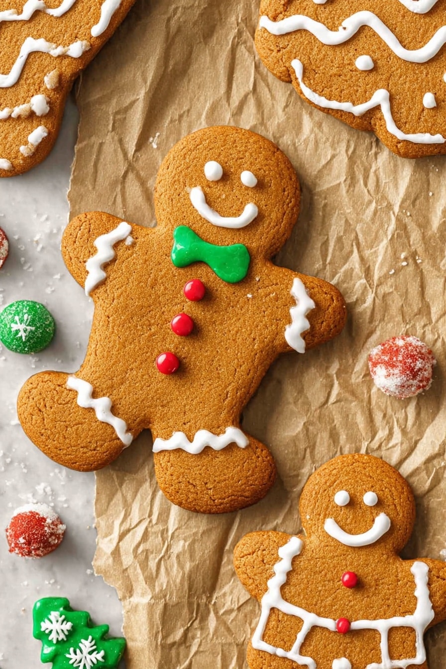 The image shows four gingerbread cookies on crumpled brown paper over a white marbled surface. The largest gingerbread cookie is in the center, shaped like a person with white icing outlining the body, two red round candies as buttons, two white dots for eyes, a curved white icing smile, and a green bow tie made of icing and a green candy. To the right, a smaller gingerbread man with white icing suspenders and shorts, two red round candy buttons, and a smiley face made with white icing. At the top right corner, part of another gingerbread cookie has white zigzag icing, while the top left shows a bigger cookie with white icing zigzag and borders. Scattered around are small candy decorations in green, red, and white shaped like snowflakes, Christmas trees, and candy canes. Photo taken with an iphone --ar 2:3 --v 7 - Gingerbread Cookies, Easy Homemade Gingerbread Cookies, Holiday Cookie Recipe, Chewy Ginger Cookies, Spiced Gingerbread Treats