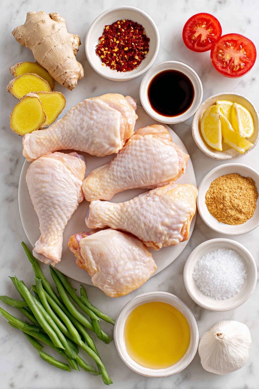 Flat lay of four raw chicken leg quarters with smooth skin, fresh whole ginger root and eight thin slices of bright yellow ginger, small white ceramic bowls containing golden honey, dark brown soy sauce, vibrant red chili flakes, pale yellow lemon juice, and separate piles of coarse white salt, light brown sugar, ground ginger powder, and garlic powder, a small heap of fresh mixed vegetables including green beans, a sliced red bell pepper, a halved small red onion, and a ripe red tomato wedge, all ingredients arranged symmetrically in perfect proportions on a clean white marble surface, soft natural light, photo taken with an iPhone, professional food photography style, fresh ingredients, white ceramic bowls, no bottles, no duplicates, no utensils, no packaging --ar 2:3 --v 7 --p awthu7i m7354615311229779997 - Honey Soy Glazed Chicken, Honey Soy Chicken, Easy Chicken Dinner, Juicy Chicken Recipes, Simple Glazed Chicken