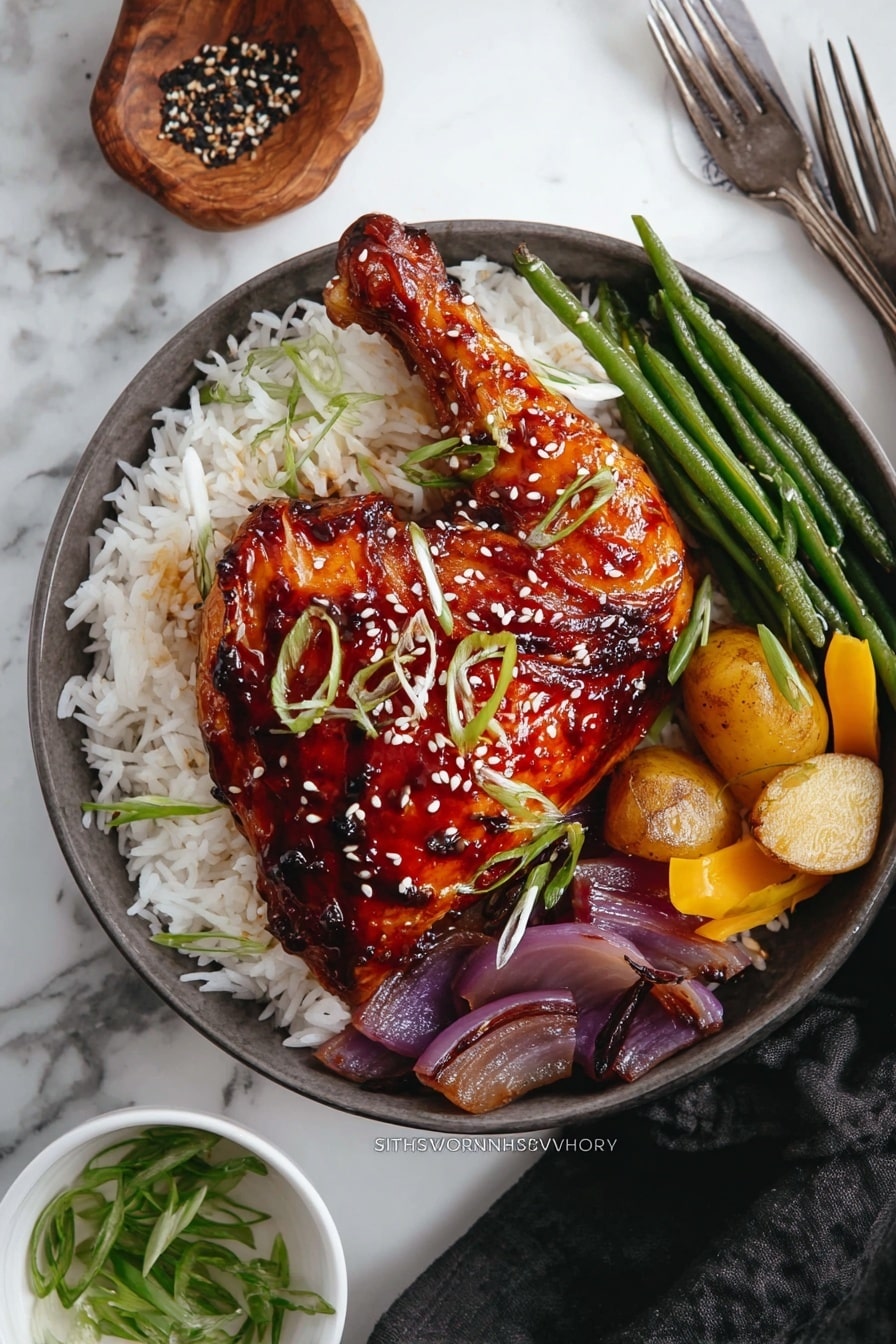 A white bowl is filled with a base layer of white rice, topped by a large grilled chicken leg coated in shiny reddish-brown sauce and sprinkled with white sesame seeds. Around the chicken leg on the rice are thin, light green onion curls. On the right side of the bowl, there are some green beans, two small light yellow potatoes, and a yellow pepper slice. At the bottom right, under the chicken, are sautéed purple onion rings. The bowl sits on a white marbled surface with a fork and dark cloth to the right, and a small white bowl of sliced green onions below. Photo taken with an iphone --ar 2:3 --v 7 - Honey Soy Glazed Chicken, Honey Soy Chicken, Easy Chicken Dinner, Juicy Chicken Recipes, Simple Glazed Chicken
