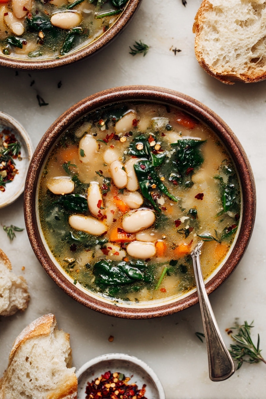 The image shows a bowl filled with a light brown broth soup containing several white beans scattered throughout. There are dark green spinach leaves and small carrot slices floating on top, with some black pepper and red chili flakes sprinkled over the surface. The soup looks warm with some oil droplets shining on the broth. The bowl is a brown ceramic one, placed on a white marbled surface with a silver spoon beside it. Around the bowl, there are pieces of crusty cream-colored bread and scattered herbs. A partial view of another bowl with the same soup and a small white dish with red chili flakes are also visible nearby. Photo taken with an iphone --ar 2:3 --v 7 - Tuscan White Bean Soup, Italian White Bean Soup, hearty bean soup recipe, healthy vegetable soup, comforting Tuscan soup