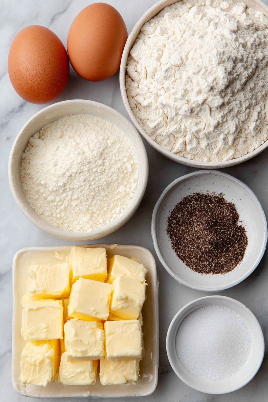 Flat lay of two whole uncracked eggs with clean shells, a small white ceramic bowl of pale yellow unsalted butter cubes, a small white ceramic bowl of plain all-purpose flour, a small white ceramic bowl of finely ground black pepper, a small white ceramic bowl of onion powder, two chicken and beef stock cubes side by side, and a small white ceramic bowl of clear boiling water, placed on a clean white marble surface, soft natural light, photo taken with an iPhone, professional food photography style, fresh ingredients, white ceramic bowls, no bottles, no duplicates, no utensils, no packaging --ar 2:3 --v 7 --p awthu7i m7354615311229779997 - KFC Style Homemade Gravy, easy homemade gravy, quick gravy recipe, flavorful gravy from scratch, comforting homemade gravy