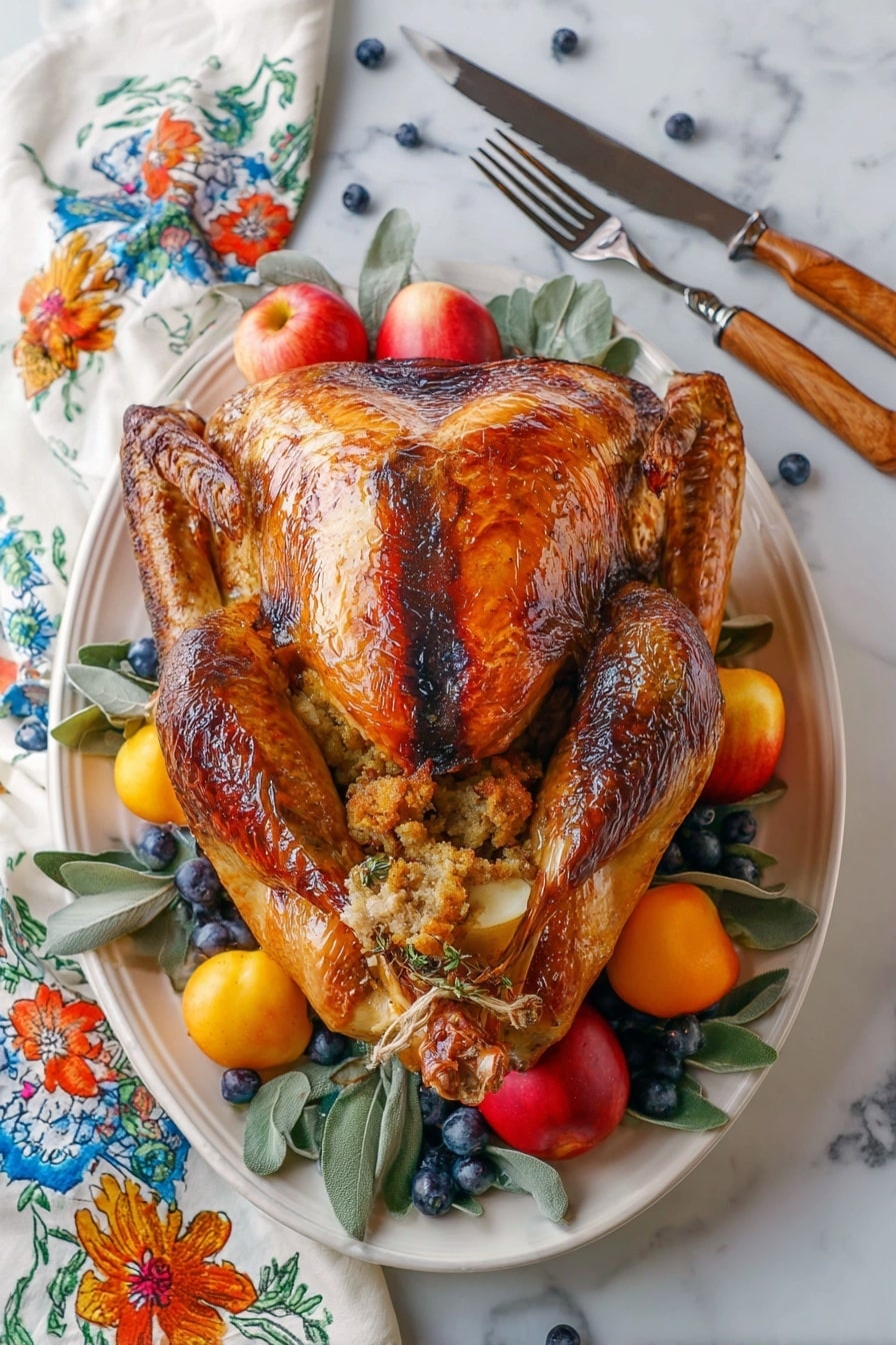 A whole roasted turkey with shiny, deep golden brown skin is placed on a white oval plate. The turkey's skin shows some darker, richer brown areas on the wings and top, with the legs tied together at the front. Inside the turkey is visible stuffing made of light brown ingredients and small herbs. Around the turkey on the plate are bright red apples, small apricot yellow fruits, and a bunch of plump, dark blueberries mixed with green eucalyptus leaves. The plate sits on a white marbled surface, and beside it are a wooden-handled fork and a black-handled knife. A white towel with colorful floral designs in blue, orange, and yellow is partly shown behind the plate. photo taken with an iphone --ar 2:3 --v 7 - Maple Glazed Roast Turkey, holiday turkey recipe, sweet-savory turkey, juicy roasted turkey, festive turkey dinner