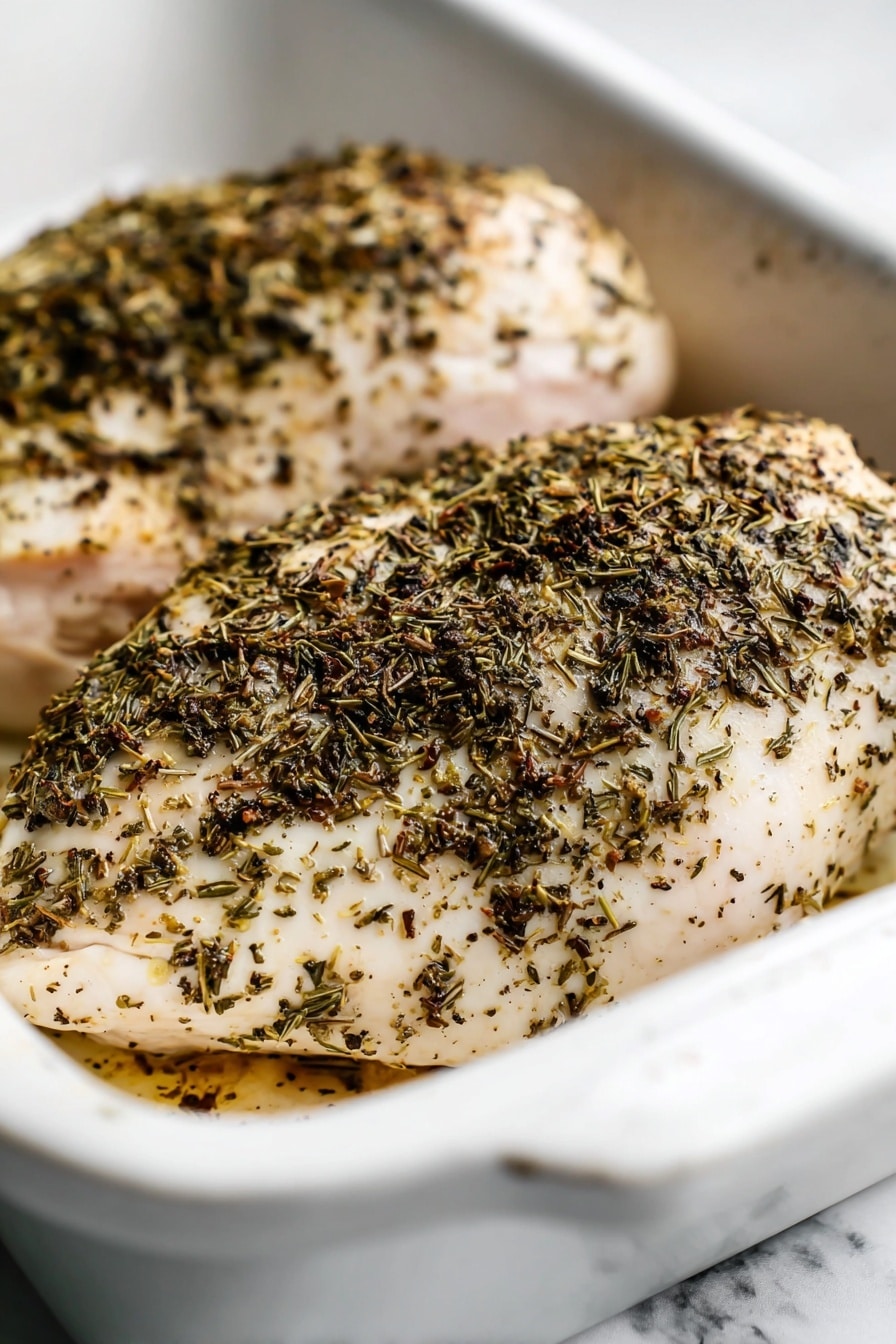 The image shows two cooked chicken pieces in a white baking dish sitting on a white marbled surface. Each chicken piece is covered with a mix of dark green and brown dried herbs, giving a textured look on the creamy white and light pink meat layers. The chicken pieces are placed close to each other, with the front piece showing more herb coverage and texture, while the back piece is slightly blurred to show depth. The edges of the dish and the surface around it are clean and simple. photo taken with an iphone --ar 2:3 --v 7 - Herb Baked Chicken Breast, quick healthy chicken dinner, easy baked chicken recipes, juicy baked chicken breast, flavorful chicken breast