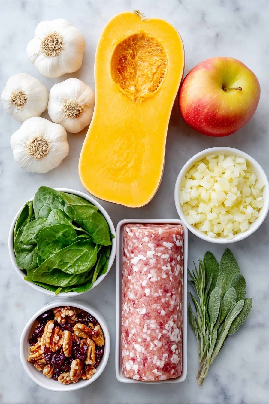 Flat lay of a halved butternut squash with vibrant orange flesh, a small white ceramic bowl of golden extra virgin olive oil, a cluster of three whole garlic bulbs with white papery skins, half a small yellow onion diced finely in a white bowl, a handful of fresh dark green baby spinach leaves neatly arranged, one whole russet apple with a smooth red and yellow skin next to diced apple pieces in a white bowl, a few sprigs of fresh green sage leaves, a few sprigs of fresh rosemary, a small white bowl filled with unsweetened dried cranberries, a small white bowl of roughly chopped pecans, and a portion of raw Italian sausage with pink and white marbling, all placed on a clean white marble surface, soft natural light, photo taken with an iPhone, professional food photography style, fresh ingredients, white ceramic bowls, no bottles, no duplicates, no utensils, no packaging --ar 2:3 --v 7 --p awthu7i m7354615311229779997 - Apple Sausage Stuffed Butternut Squash, stuffed butternut squash with sausage and apples, healthy fall dinner recipes, cozy stuffed squash, easy autumn squash dishes