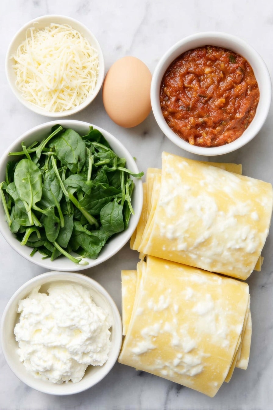 Flat lay of a few uncooked wheat lasagna noodles neatly stacked, a small heap of fresh bright green spinach leaves, a large whole brown egg with a clean shell, a small white ceramic bowl of thick homemade marinara sauce rich red with visible tomato chunks, a small white bowl filled with creamy white ricotta cheese, a small white bowl of finely grated pale yellow Parmesan cheese, a small white bowl of shredded white mozzarella cheese, all ingredients arranged symmetrically on a clean white marble surface, soft natural light, photo taken with an iPhone, professional food photography style, fresh ingredients, white ceramic bowls, no bottles, no duplicates, no utensils, no packaging --ar 2:3 --v 7 --p awthu7i m7354615311229779997 - Spinach Lasagna Roll Ups, spinach lasagna roll ups recipe, easy spinach lasagna rolls, cheesy spinach lasagna, healthy lasagna roll ups
