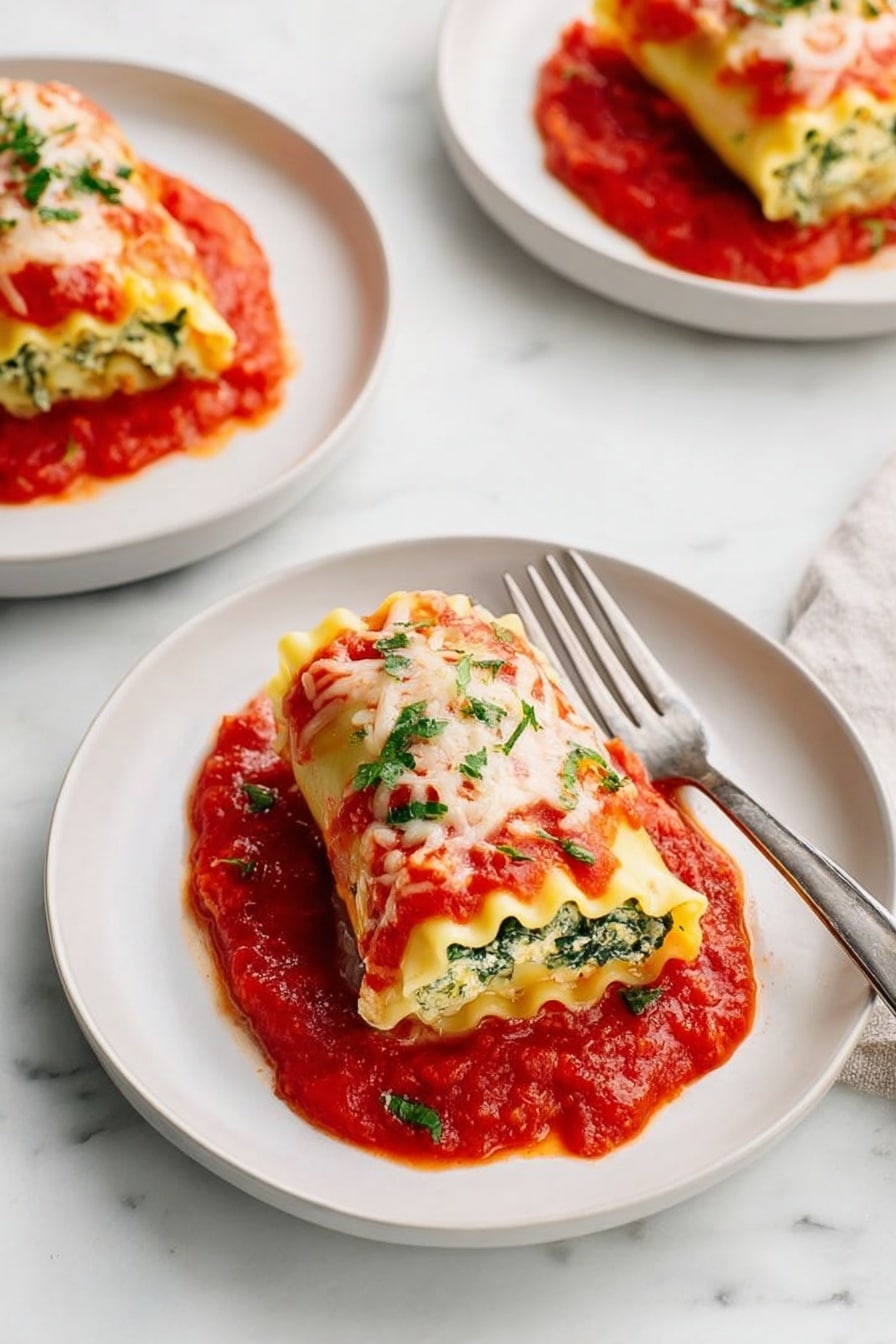 The image shows three white plates on a white marbled surface, each with one piece of rolled lasagna. Each lasagna roll has about three layers of pale yellow pasta with visible green spinach inside. They are topped with melted white cheese and sprinkled with small green herb pieces. The lasagna rolls sit on a bright red tomato sauce that spreads under and around them on the plates. One plate in the front has a silver fork on its right side, partly resting on the plate. The photo is lit brightly, showing clear details and fresh colors. photo taken with an iphone --ar 2:3 --v 7 - Spinach Lasagna Roll Ups, spinach lasagna roll ups recipe, easy spinach lasagna rolls, cheesy spinach lasagna, healthy lasagna roll ups