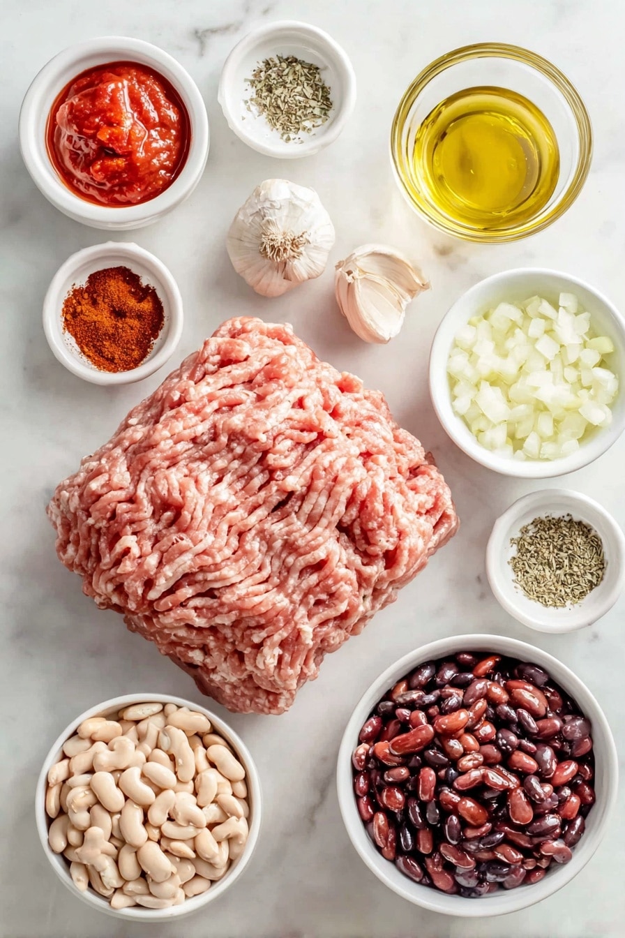 Flat lay of fresh ground turkey shaped into a neat mound, a small white ceramic bowl filled with bright red tomato paste, a small white ceramic bowl holding golden olive oil, a small white ceramic bowl with finely chopped yellow onions, four whole uncracked garlic bulbs, a small white ceramic bowl with deep brown packed brown sugar, a small white ceramic bowl containing rich red chili powder, a small white ceramic bowl with warm tan ground cumin, a small white ceramic bowl of dried oregano leaves, a small white ceramic bowl with coarse white salt, a small white ceramic bowl holding fine black pepper, a small white ceramic bowl with fire roasted crushed tomatoes showing seeds and charred pieces, three small white ceramic bowls each with kidney beans, black beans, and pinto beans all shiny and fresh looking, placed on a clean white marble surface, soft natural light, photo taken with an iPhone, professional food photography style, fresh ingredients, white ceramic bowls, no bottles, no duplicates, no utensils, no packaging --ar 2:3 --v 7 --p awthu7i m7354615311229779997 - Hearty Turkey Chili, turkey chili recipe, healthy turkey chili, easy turkey chili, comforting chili with beans