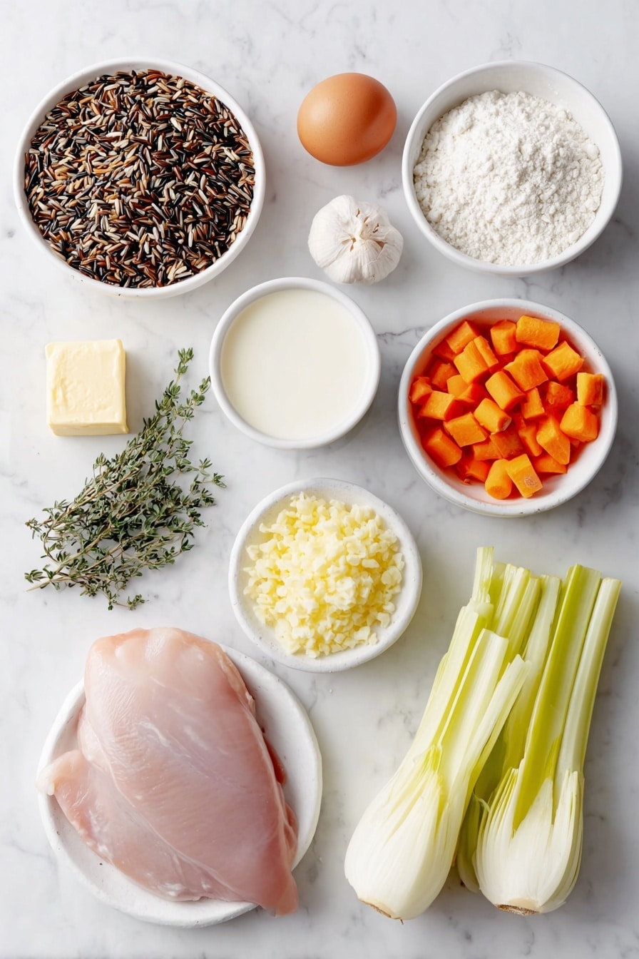 Flat lay of a small mound of uncooked wild rice blend with black, brown, and white grains, a small pile of diced bright orange carrots, a cluster of three fresh celery ribs sliced, a small heap of chopped pale yellow onion, a whole uncracked brown egg, a few sprigs of fresh green thyme and rosemary, a pat of golden butter cut into small cubes, a small white bowl filled with white all-purpose flour, a small white bowl of smooth heavy cream, a small white bowl of creamy milk, a small white bowl containing minced fresh garlic, a raw boneless skinless chicken breast half with fresh pink skin, and a small pile of finely grated lemon zest, all arranged in perfect symmetry and balanced proportions on a simple white ceramic plate and bowls, placed on a clean white marble surface, soft natural light, photo taken with an iPhone, professional food photography style, fresh ingredients, white ceramic bowls, no bottles, no duplicates, no utensils, no packaging --ar 2:3 --v 7 --p awthu7i m7354615311229779997 - Creamy Chicken and Wild Rice Soup, hearty chicken and wild rice soup, comforting chicken and rice soup, easy creamy wild rice soup, cozy chicken soup recipes