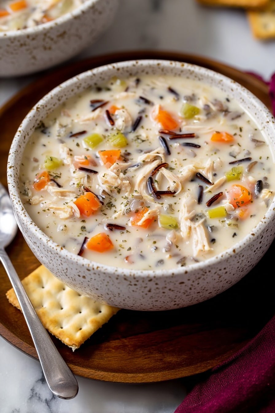 A close-up of a white speckled bowl filled with creamy soup that has a white base layer mixed with small shredded pieces of light-colored meat, dark wild rice grains, bright orange carrot chunks, and light green celery pieces spread evenly throughout. The bowl is sitting on a round wooden plate, accompanied by a silver spoon on the left side and a light beige square cracker in front. The scene is set against a white marbled background with a folded dark red cloth to the right. Photo taken with an iphone --ar 2:3 --v 7 - Creamy Chicken and Wild Rice Soup, hearty chicken and wild rice soup, comforting chicken and rice soup, easy creamy wild rice soup, cozy chicken soup recipes