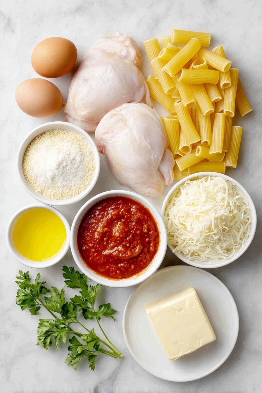 Flat lay of rigatoni pasta piled neatly, two small boneless skinless chicken breasts raw and fresh, a small mound of Italian breadcrumbs, a small heap of all-purpose flour, two whole uncracked brown eggs, three cups shredded mozzarella cheese in a small white ceramic bowl, a small white bowl with grated Parmesan cheese, a small white bowl with bright red marinara sauce, a small white bowl filled with golden vegetable oil, two tablespoons of pale yellow butter on a white ceramic plate, and a few sprigs of fresh green parsley arranged delicately, placed on a clean white marble surface, soft natural light, photo taken with an iPhone, professional food photography style, fresh ingredients, white ceramic bowls, no bottles, no duplicates, no utensils, no packaging --ar 2:3 --v 7 --p awthu7i m7354615311229779997 - Easy Chicken Parmesan Casserole, chicken parmesan casserole, baked chicken parmesan, cheesy chicken casserole, Italian chicken bake