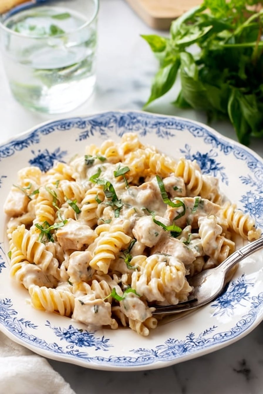 A white plate with blue floral patterns holds creamy rotini pasta mixed with chunks of light beige chicken, all coated in a smooth, white sauce. Small pieces of green herbs are scattered on top, adding contrast to the dish. A silver fork rests on the right side of the plate with some pasta wrapped around its tines. The plate sits on a white marbled surface with a clear glass of water and green leafy herbs in the background. photo taken with an iphone --ar 2:3 --v 7 - Easy Chicken Alfredo Casserole, Chicken Alfredo casserole, creamy chicken pasta bake, weeknight chicken dinner, cheesy chicken casserole