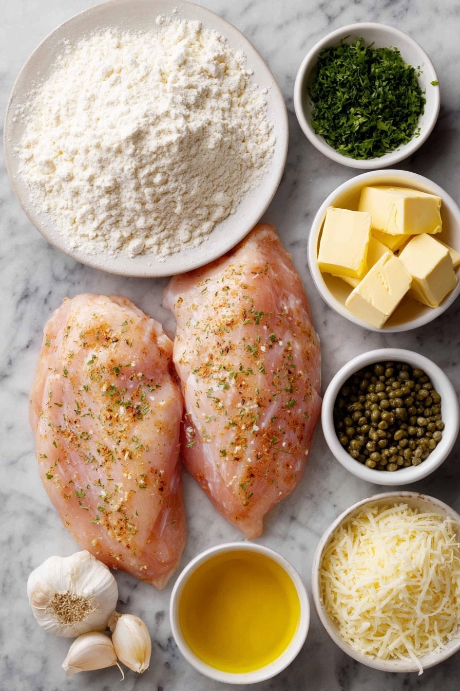 Flat lay of two large boneless skinless chicken breasts, a small mound of white flour on a simple white ceramic plate, a small white bowl of finely grated Parmesan cheese, a few cloves of whole garlic next to thin garlic slices arranged neatly, a small white bowl with bright green roughly chopped fresh parsley, a small white bowl filled with yellow olive oil, a small white bowl with golden salted butter cubes, a small white bowl of pale yellow lemon juice, a small white bowl with light golden dry white wine, a small white bowl holding green capers, a small white bowl of light brown chicken broth, a small pile each of coarse salt and ground black pepper on the white surface, all ingredients arranged with perfect symmetry on a clean white marble surface, soft natural light, photo taken with an iPhone, professional food photography style, fresh ingredients, white ceramic bowls, no bottles, no duplicates, no utensils, no packaging --ar 2:3 --v 7 --p awthu7i m7354615311229779997 - Easy Lemon Chicken Piccata, Lemon Chicken Piccata, Chicken Piccata with Lemon and Capers, Quick Lemon Chicken, Simple Chicken Piccata