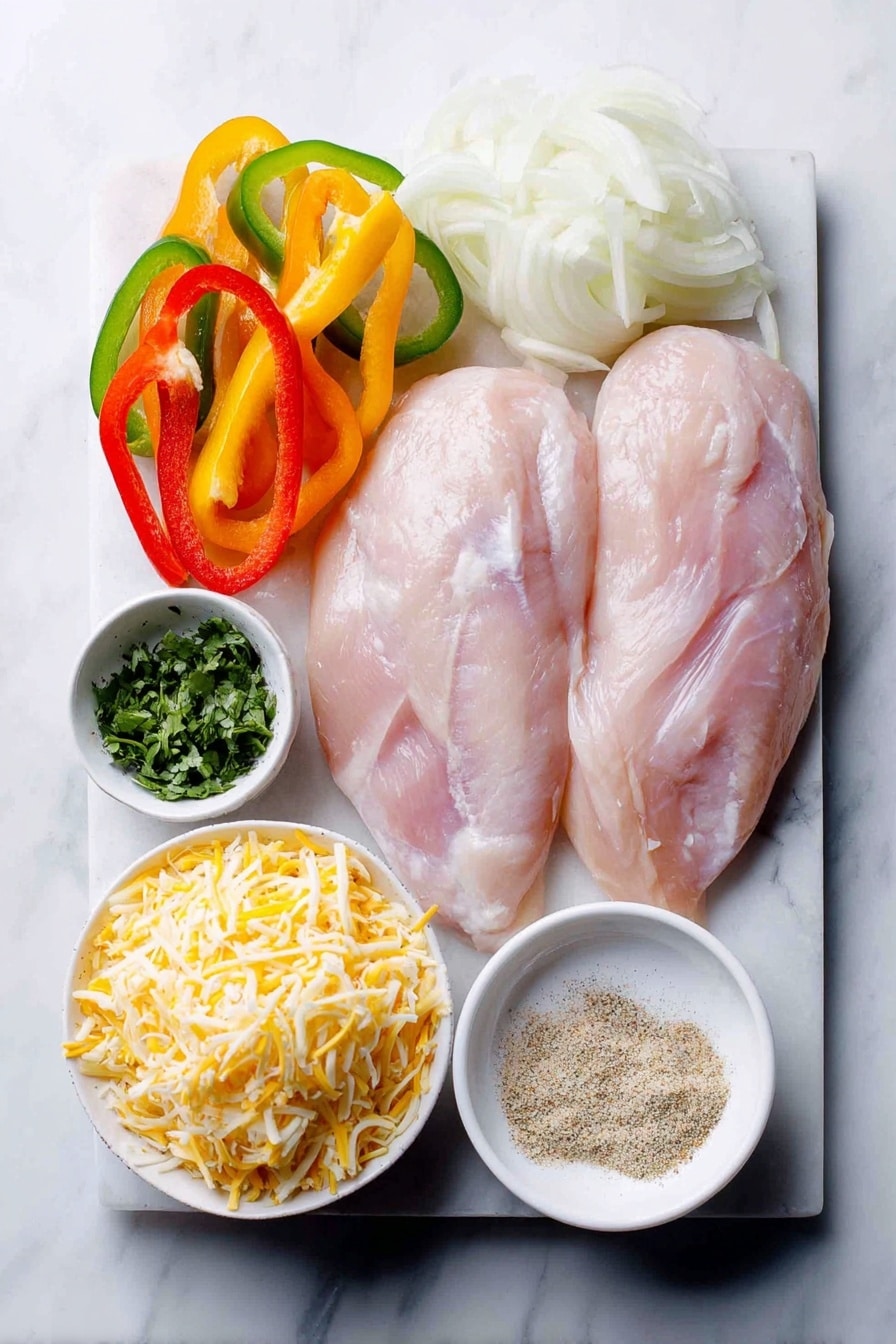 Flat lay of two boneless skinless chicken breasts, a small pile of vibrant sliced sweet bell peppers in red, green, orange, and yellow, a medium sliced sweet yellow onion, a small mound of shredded sharp cheddar cheese, a small bunch of fresh chopped cilantro in a white ceramic bowl, and a small white ceramic bowl containing fajita seasoning powder, all arranged in perfect symmetry on a clean white marble surface, soft natural light, photo taken with an iPhone, professional food photography style, fresh ingredients, white ceramic bowls, no bottles, no duplicates, no utensils, no packaging --ar 2:3 --v 7 --p m7354615311229779997 - Baked Chicken Fajitas, easy baked fajitas, healthy chicken fajitas, one-pan fajitas, quick dinner ideas
