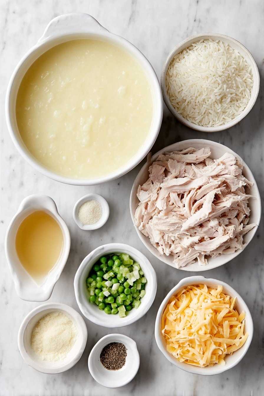 Flat lay of a small white ceramic bowl of creamy condensed cream of chicken soup, a small white ceramic bowl of golden chicken broth, a simple white ceramic bowl filled with uncooked Minute Rice grains, a small white ceramic bowl holding shredded rotisserie chicken, a small white ceramic bowl of vibrant frozen mixed vegetables including carrots and peas, a small white ceramic bowl with bright chopped scallions, a small white ceramic bowl containing freshly grated sharp cheddar cheese, a small white ceramic bowl with fine garlic powder, a small white ceramic bowl with onion powder, a small white ceramic bowl with Italian seasoning leaves, and a small white ceramic bowl of freshly ground black pepper placed on a clean white marble surface, soft natural light, photo taken with an iPhone, professional food photography style, fresh ingredients, white ceramic bowls, no bottles, no duplicates, no utensils, no packaging --ar 2:3 --v 7 --p m7354615311229779997 - Cheesy Chicken and Rice Casserole, chicken and rice casserole, cheesy chicken bake, easy comfort food casserole, homemade chicken casserole