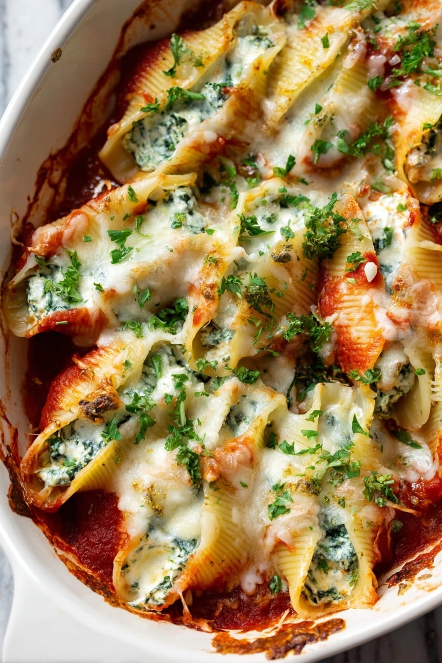 A white dish filled with large pasta shells layered with creamy white cheese and green spinach inside each shell. The shells are topped with a red tomato sauce that peeks through in spots, covered by melted white cheese that has a slightly toasted texture. Bright green chopped parsley is scattered thickly over the whole dish, adding a fresh color contrast to the red sauce and white cheese. The edges of the dish have some browned cheese baked onto the side. The background shows a white marbled surface. photo taken with an iphone --ar 2:3 --v 7 - Chicken Spinach Artichoke Stuffed Shells, stuffed pasta recipes, cheesy chicken pasta, spinach artichoke dinner, easy baked stuffed shells