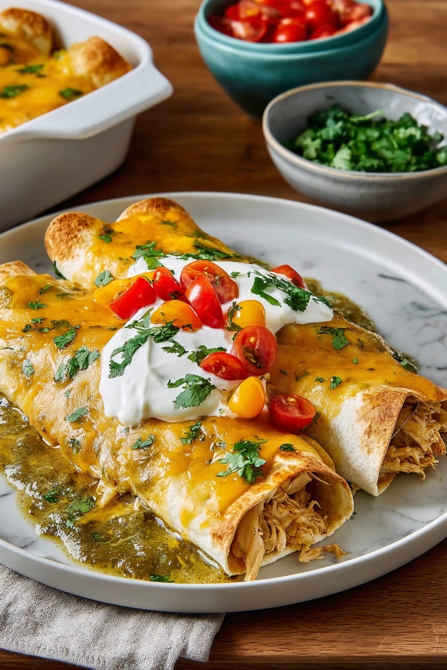 Two rolled tortillas filled with shredded chicken lay side by side on a white plate. They are covered in a melted golden-yellow cheese layer mixed with a green sauce that pools slightly around the edges. On top, there is a dollop of white sour cream, sprinkled with chopped bright red and yellow cherry tomatoes and fresh green cilantro. The plate sits on a wooden table with white marbled texture in the background, and behind it, there are bowls with chopped tomatoes and chopped cilantro. photo taken with an iphone --ar 2:3 --v 7 - Easy Chicken Enchiladas, Chicken Enchiladas, Best Chicken Enchiladas, Simple Chicken Enchiladas, Delicious Chicken Enchiladas