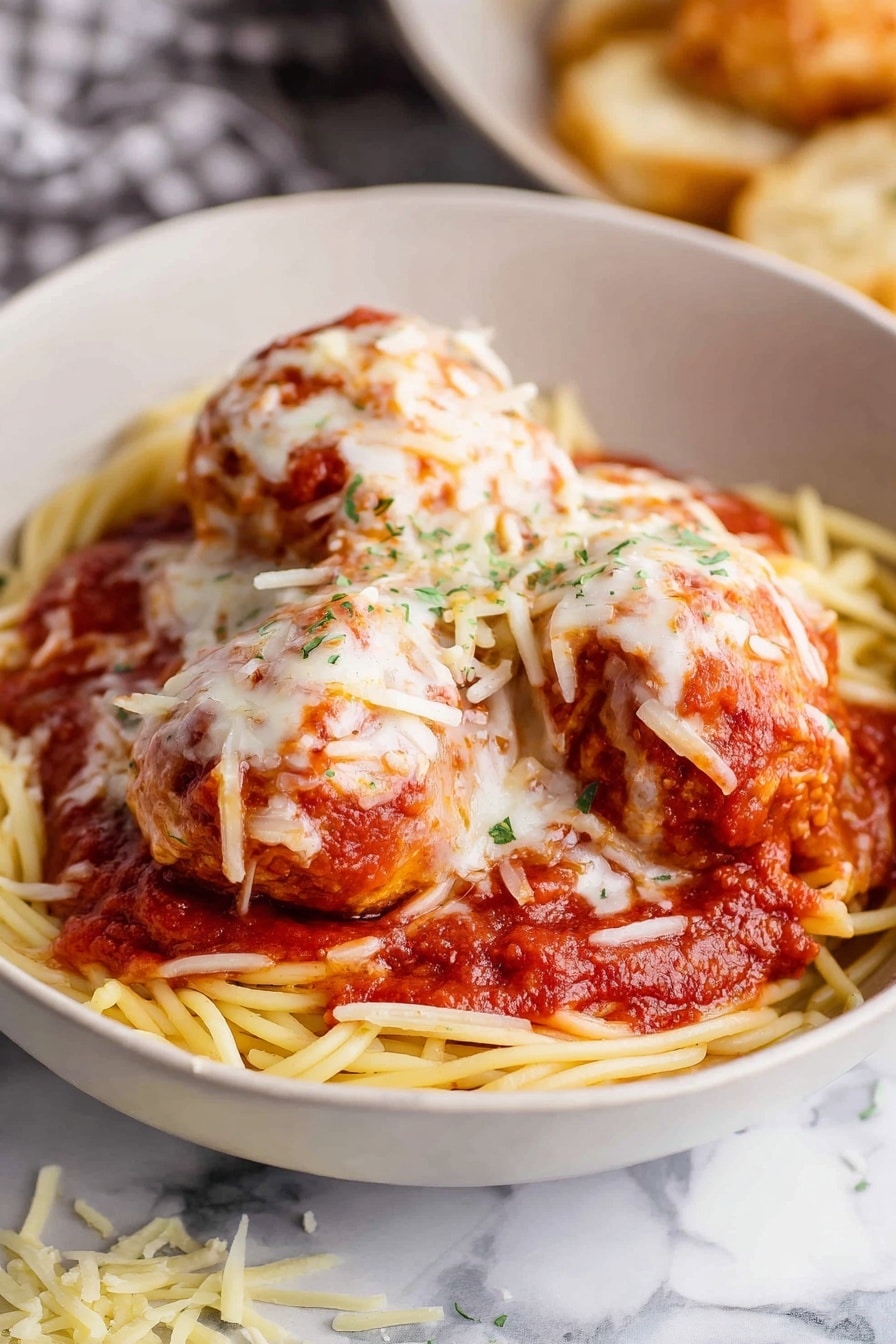 A white bowl holds a serving of spaghetti with three large meatballs on top. The bottom layer is a nest of light yellow spaghetti noodles. Above that is a thick layer of chunky red tomato sauce draped over the noodles. On top sit three round meatballs covered in melted, slightly browned white cheese. Thin strands of shredded cheese are sprinkled over the meatballs and sauce. The bowl is placed on a white marbled surface with some loose strands of cheese nearby. Photo taken with an iphone --ar 2:3 --v 7 - Baked Chicken Parmesan Meatballs, Italian meatball recipe, healthy chicken meatballs, baked meatball appetizers, cheesy chicken meatballs