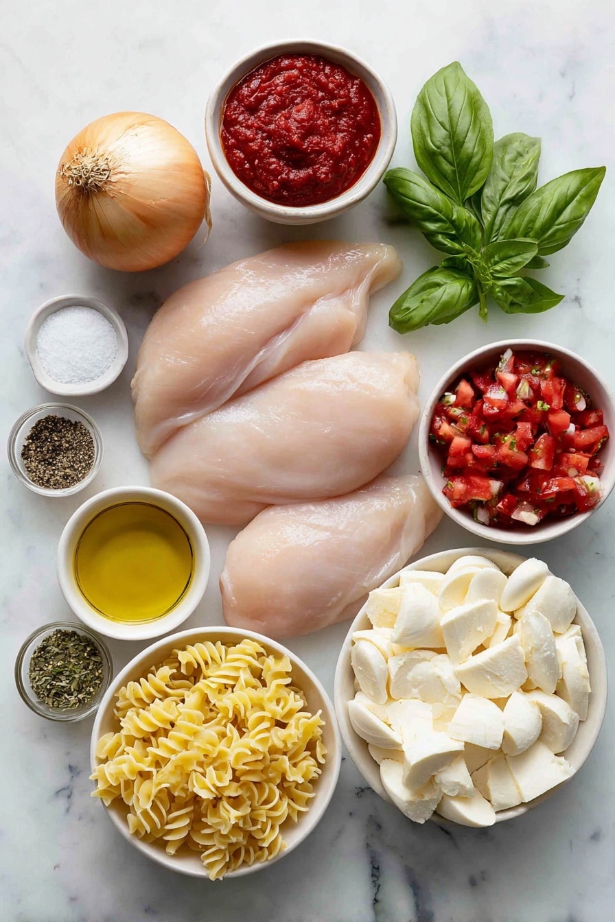 Flat lay of boneless skinless chicken breasts with natural texture and pale pink color, a sweet whole onion with unpeeled papery skin, three whole garlic cloves with white cloves and papery husks, a small white ceramic bowl filled with bright red tomato paste, a small white ceramic bowl of golden olive oil, a small white ceramic bowl of coarse salt crystals, a small white ceramic bowl of ground black pepper, a small white ceramic bowl of dried basil leaves, a small white ceramic bowl of fire roasted diced tomatoes showing tomato chunks with charred bits, uncooked farfalle pasta with characteristic bowtie shapes and smooth pale yellow surface, fresh whole basil leaves with vibrant green color, finely grated pale yellow parmesan cheese in a small white ceramic bowl, several evenly cut bread cubes with natural crust and soft crumb in a simple white ceramic bowl, several thin slices of fresh white mozzarella cheese stacked neatly, placed on a clean white marble surface, soft natural light, photo taken with an iPhone, professional food photography style, fresh ingredients, white ceramic bowls, no bottles, no duplicates, no utensils, no packaging --ar 2:3 --v 7 --p m7354615311229779997 - Chicken Parmesan Soup without recipe, Chicken Parmesan Soup, cheesy chicken soup, hearty Italian soup, mozzarella croutons recipe