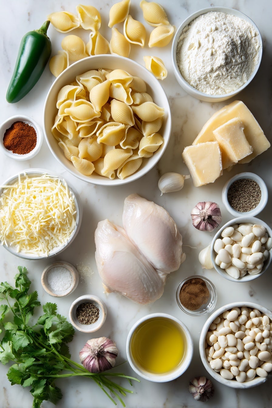 Flat lay of medium pasta shells, a small yellow onion whole, one green jalapeño pepper, four whole brown garlic cloves, a small pile of smoked paprika powder, a small heap of ground cumin powder, unsalted butter sticks, a small white bowl of all-purpose flour, a small white bowl of low-sodium chicken broth, a small white bowl of heavy cream, shredded Gouda cheese, shredded white cheddar cheese, two whole rotisserie chicken breasts, a small white bowl of great Northern beans, a small white bowl of frozen white corn, a small white bowl of kosher salt, a small heap of freshly ground black pepper, a few sprigs of fresh cilantro, a small white bowl of extra-virgin olive oil placed on a clean white marble surface, soft natural light, photo taken with an iPhone, professional food photography style, fresh ingredients, white ceramic bowls, no bottles, no duplicates, no utensils, no packaging --ar 2:3 --v 7 --p m7354615311229779997 - White Chicken Chili Mac, White Chicken Chili Mac Skillet, creamy chicken skillet recipe, easy weeknight dinner ideas, cheesy chicken pasta