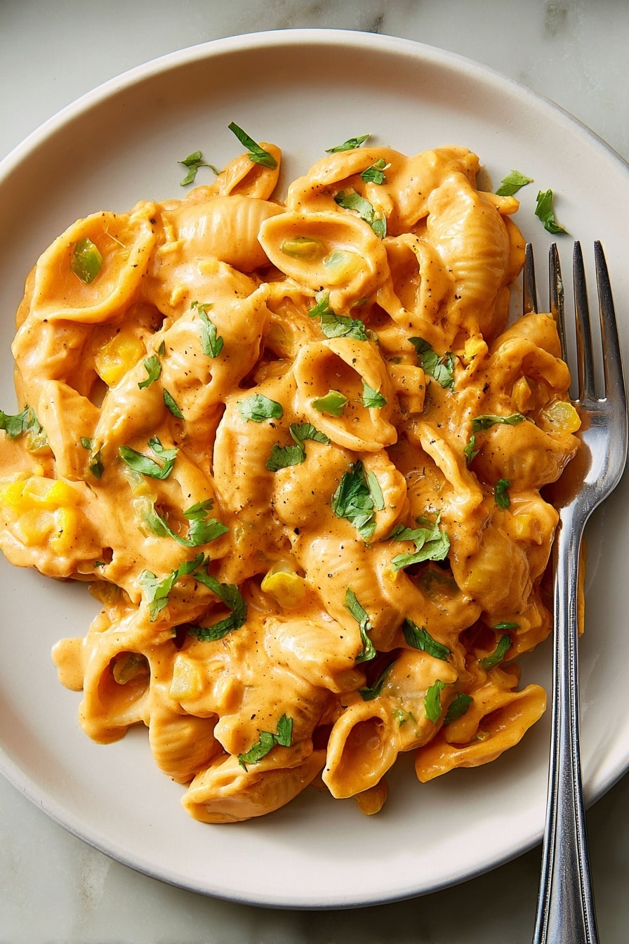 A white plate holds a creamy pasta dish with shell-shaped pasta coated in a rich, orange sauce. The sauce has a smooth texture with some small yellow chunks mixed in, likely vegetables. Fresh green herb pieces are sprinkled on top, adding contrast. A silver fork rests on the right side of the plate. The background is a white marbled surface. Photo taken with an iphone --ar 2:3 --v 7 - White Chicken Chili Mac, White Chicken Chili Mac Skillet, creamy chicken skillet recipe, easy weeknight dinner ideas, cheesy chicken pasta