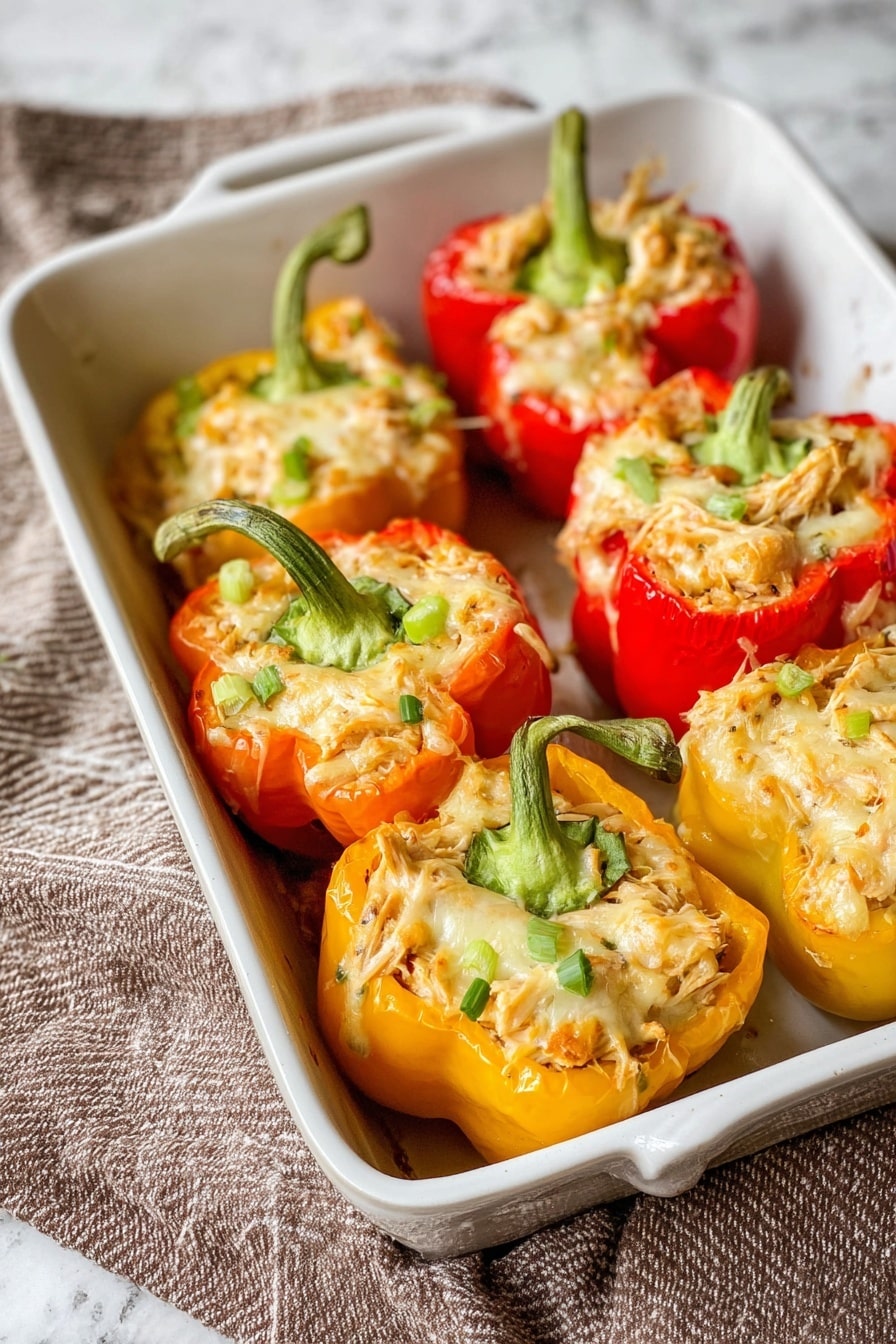 A white baking dish holds six stuffed bell pepper halves arranged in two rows. The peppers are red, yellow, and orange, each cut in half and filled with creamy shredded chicken mixed with green onion pieces. On top of the chicken filling is a layer of melted light golden cheese that looks slightly browned. The peppers have bright green stems still attached. The dish sits on a brown and white striped cloth over a white marbled surface. photo taken with an iphone --ar 2:3 --v 7 - Creamy Chicken Stuffed Peppers, healthy stuffed peppers, chicken and cheese stuffed peppers, low carb stuffed peppers, easy stuffed peppers dinner
