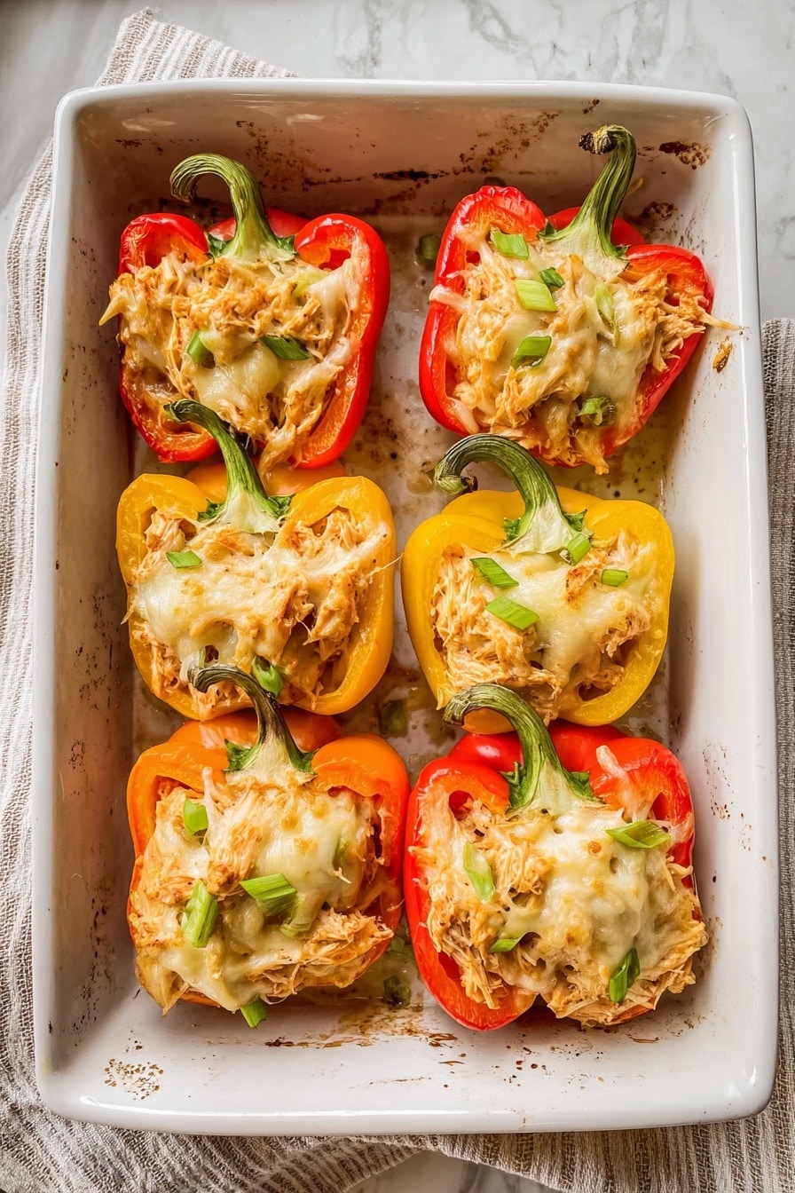 The image shows six stuffed bell pepper halves placed in a white rectangular baking dish on a white marbled surface. Each pepper is colorful, with two red, two orange, and two yellow peppers arranged in two rows of three. The peppers are filled with shredded cooked chicken mixed with small green bits, likely scallions or herbs, and topped with melted light yellow cheese. The chicken filling has a slightly browned, soft texture, and the peppers' green stems are intact, arching outwards. The baking dish has some baked-on brown spots around the edges, showing it has been used in the oven. The cloth underneath the dish is light-colored with beige stripes. photo taken with an iphone --ar 2:3 --v 7 - Creamy Chicken Stuffed Peppers, healthy stuffed peppers, chicken and cheese stuffed peppers, low carb stuffed peppers, easy stuffed peppers dinner