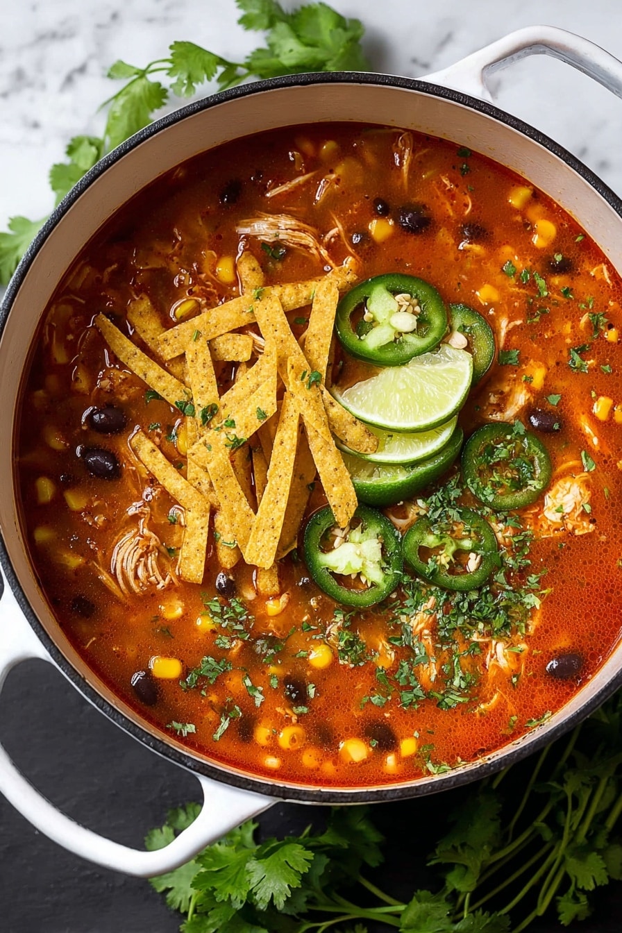 A white pot filled with bright red soup as the base layer, containing small pieces of shredded chicken, black beans, and corn kernels mixed in. On top of the soup, there is a layer of golden yellow crispy tortilla strips arranged mostly in the center. Thin slices of green jalapeño peppers with visible seeds float on one side among the tortilla strips. Two wedge slices of pale green lime sit on the surface near the tortilla strips. Fresh green chopped cilantro is scattered over the soup and toppings, adding a textured color contrast. The pot is set on a white marbled surface with some fresh cilantro leaves beside it. Photo taken with an iphone --ar 2:3 --v 7 - Easy Chicken Tortilla Soup, chicken tortilla soup, hearty Mexican soup, quick chicken soup recipes, one-pot chicken soup