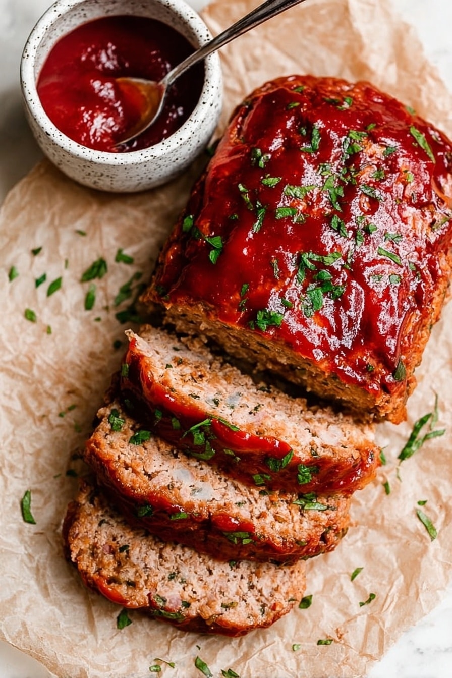 A sliced meatloaf rests on crumpled parchment paper over a white marbled surface. The top layer is thick and shiny with a rich red glaze, garnished with small green herb pieces scattered evenly. Inside, the meatloaf shows a light brown, slightly coarse texture with three visible layers from the slices. To the left, a wooden-handled knife lies partially on the parchment. In the background on the right, a white bowl with speckles holds bright red sauce with a spoon inside. Fresh green herb pieces are lightly scattered around the meatloaf and bowl, adding a fresh touch. Photo taken with an iphone --ar 2:3 --v 7 - Healthy Ground Turkey Meatloaf, healthy turkey meatloaf, easy healthy dinner, low-fat meatloaf recipe, nutritious ground turkey dinner
