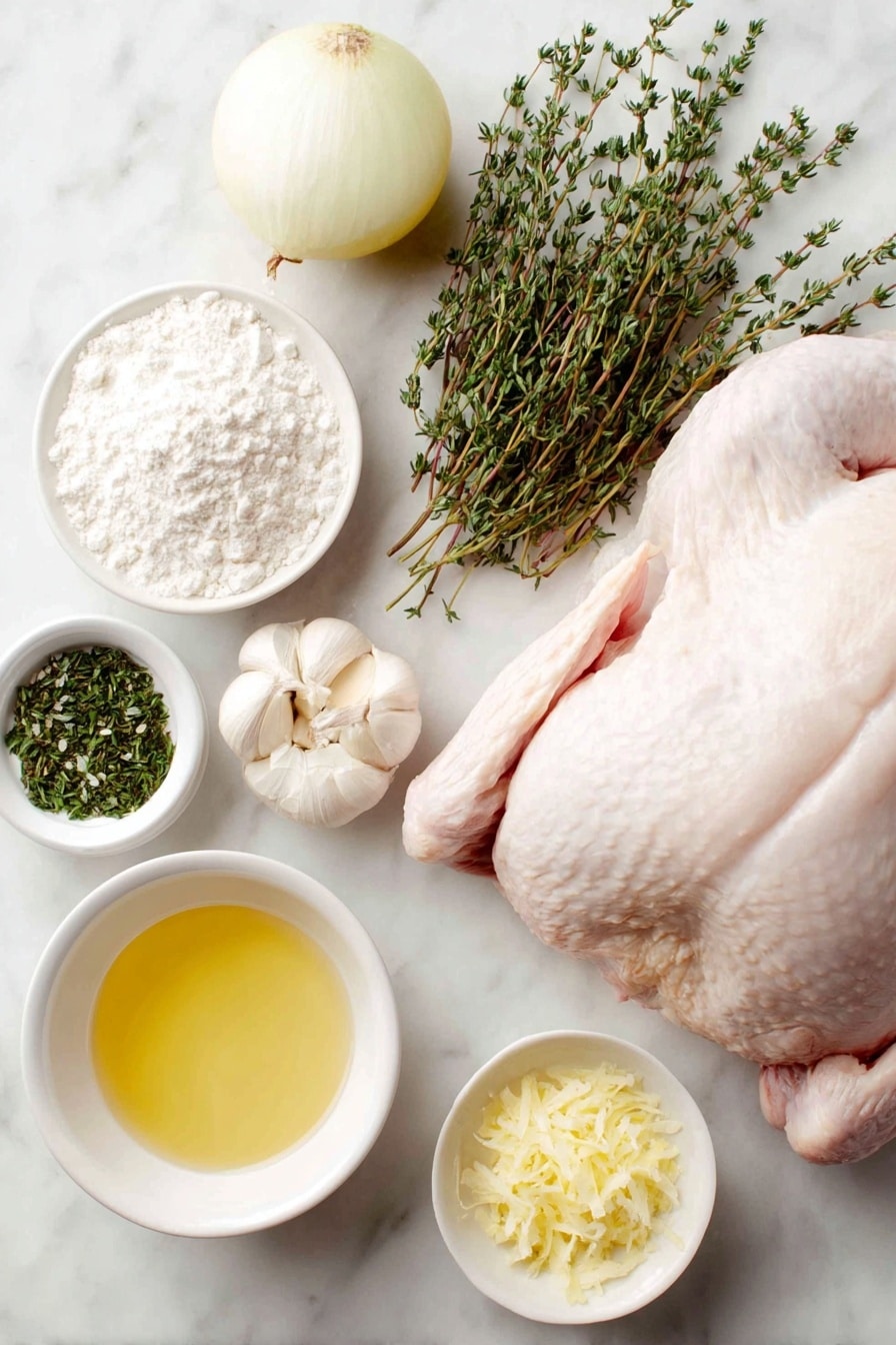 Flat lay of a whole fresh raw turkey with smooth pale skin, a medium lemon cut in half showing bright yellow juicy flesh, a medium onion quartered with crisp white layers, a cluster of peeled garlic cloves with a creamy white skin, several fresh green thyme sprigs vibrant and leafy, a small mound of all-purpose flour piled neatly on a simple white ceramic plate, a small white ceramic bowl filled with melted golden butter, another small white ceramic bowl holding fresh lemon juice pale yellow and translucent, a third small white ceramic bowl containing finely grated lemon zest bright and sunny yellow, a fourth small white ceramic bowl with minced fresh thyme leaves finely chopped, two teaspoons of coarse salt and two teaspoons of black peppercorns arranged side by side on the white ceramic surface, all ingredients arranged in perfect symmetry and realistic proportions, placed on a clean white marble surface, soft natural light, photo taken with an iPhone, professional food photography style, fresh ingredients, white ceramic bowls, no bottles, no duplicates, no utensils, no packaging --ar 2:3 --v 7 --p m7354615311229779997 - Lemon Herb Roast Turkey, lemon herb turkey, roasted turkey with lemon and herbs, easy lemon turkey, juicy holiday turkey