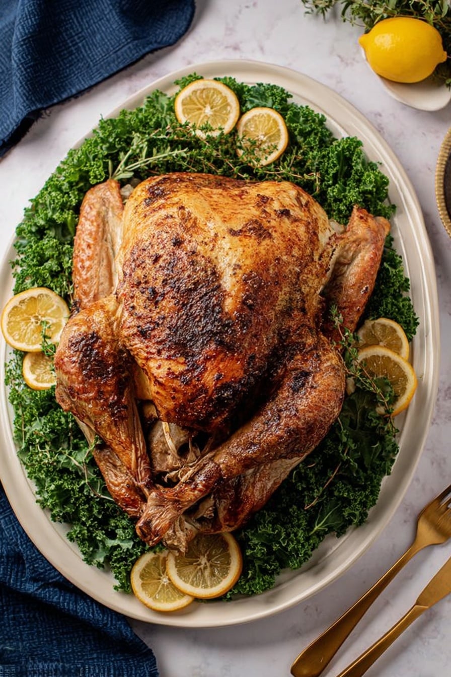 A white plate holds sliced cooked chicken with golden-brown skin arranged in two rows on a bed of frilly green lettuce leaves, with a whole cooked chicken leg placed in the foreground. Bright yellow lemon slices are placed between the chicken pieces, and sprigs of fresh green parsley are scattered on top and around the chicken. The background shows a white marbled surface with a dark blue cloth on the right side. Photo taken with an iphone --ar 2:3 --v 7 - Lemon Herb Roast Turkey, lemon herb turkey, roasted turkey with lemon and herbs, easy lemon turkey, juicy holiday turkey