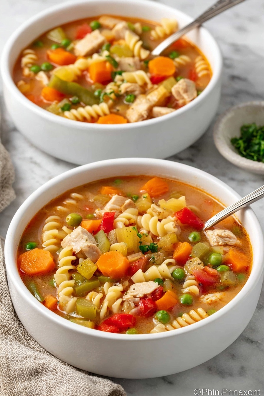 Two white ceramic cups filled with vegetable and pasta soup sit on a white marbled surface. Each cup contains a mix of small spiral pasta, diced light beige meat, green beans, bright orange carrot cubes, green peas, celery pieces, and small red pepper bits, all in a light brown broth speckled with herbs. The soup layers show the textured pasta and vegetables floating near the top, with broth filling the rest of the cups. One cup is closer to the camera, showing clear detail of the ingredients, while the other cup is slightly blurred in the background. A white and black kitchen towel lies to the right side. Photo taken with an iphone --ar 2:3 --v 7 - Turkey Vegetable Soup with Pasta, hearty turkey vegetable soup, light comforting soup with pasta, leftover turkey soup recipe, healthy turkey vegetable soup