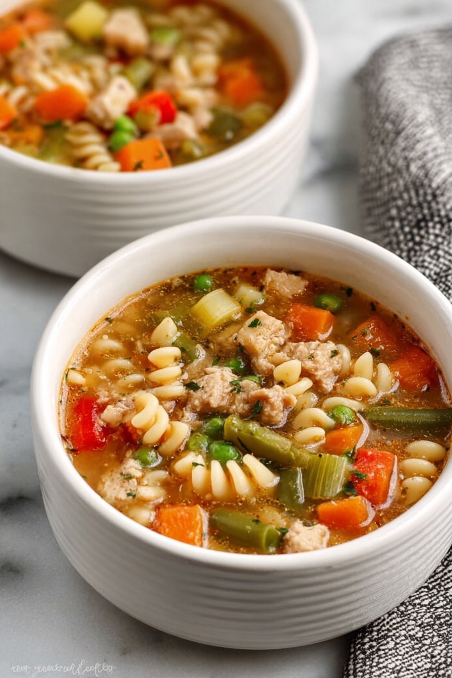 Two white bowls filled with vegetable soup sit on a white marbled surface. The soup has a thick broth with small spiral pasta, bright orange carrot chunks, green peas, small green bean pieces, diced celery, and red bell pepper pieces all mixed together. There are also light pieces of cooked chicken scattered on top. Each bowl has a silver spoon resting inside, and a textured cloth napkin is visible near one bowl. The overall look is colorful with a warm, fresh feeling. Photo taken with an iphone --ar 2:3 --v 7 - Turkey Vegetable Soup with Pasta, hearty turkey vegetable soup, light comforting soup with pasta, leftover turkey soup recipe, healthy turkey vegetable soup